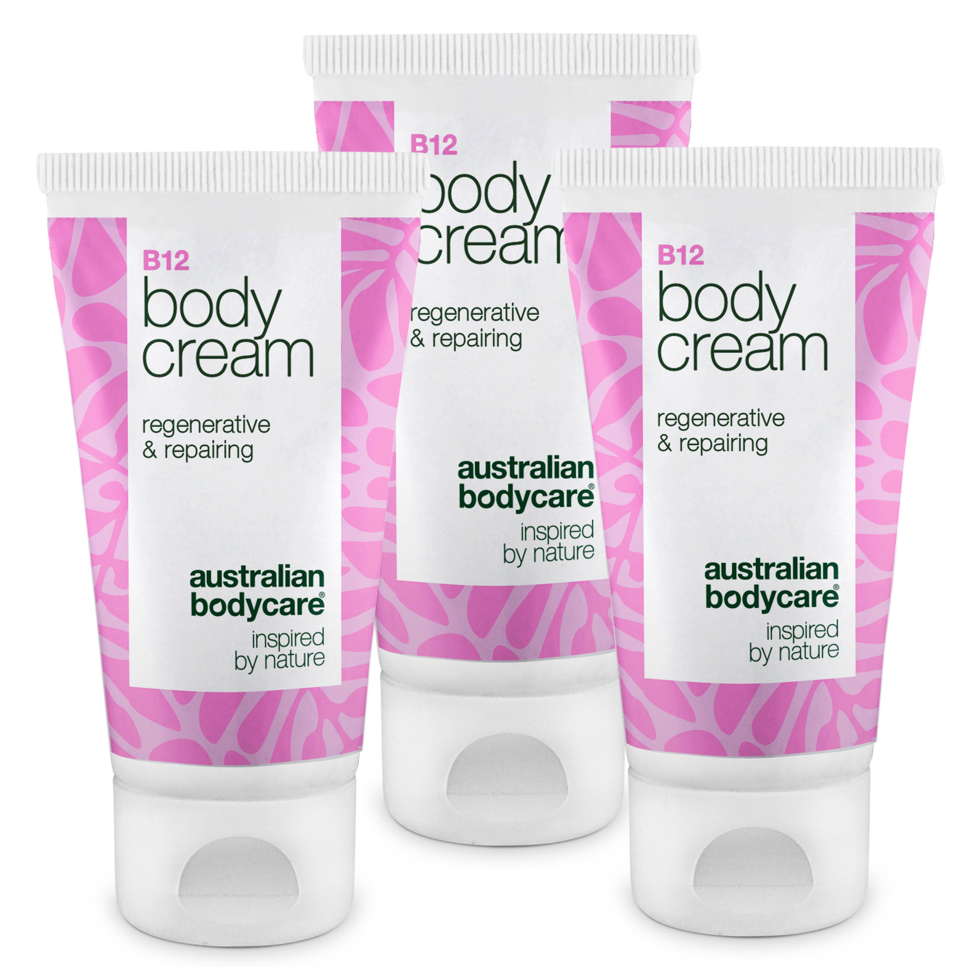 Drei Tuben Creme. Auf jeder steht B12 Body Cream, regenerative & repairing, Australian Bodycare.
