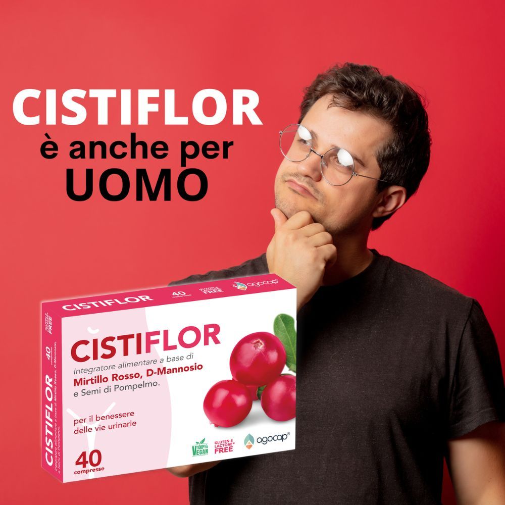 Uomo con occhiali che pensa. Scatola Cistiflor con illustrazione di mirtilli rossi. Testo: Cistiflor è anche per UOMO.