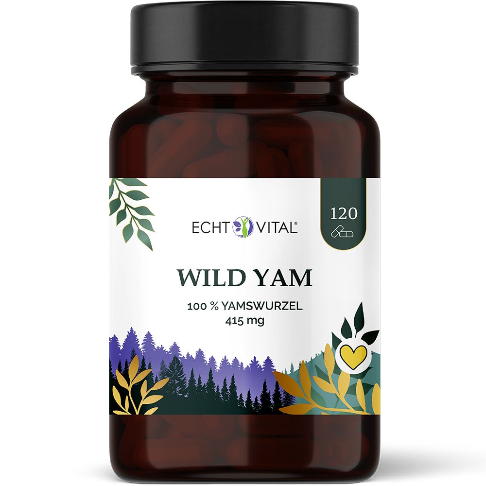 Echt Vital Wild Yam Kapseln: Braune Flasche mit 120 Kapseln, 415 mg Yamswurzel.