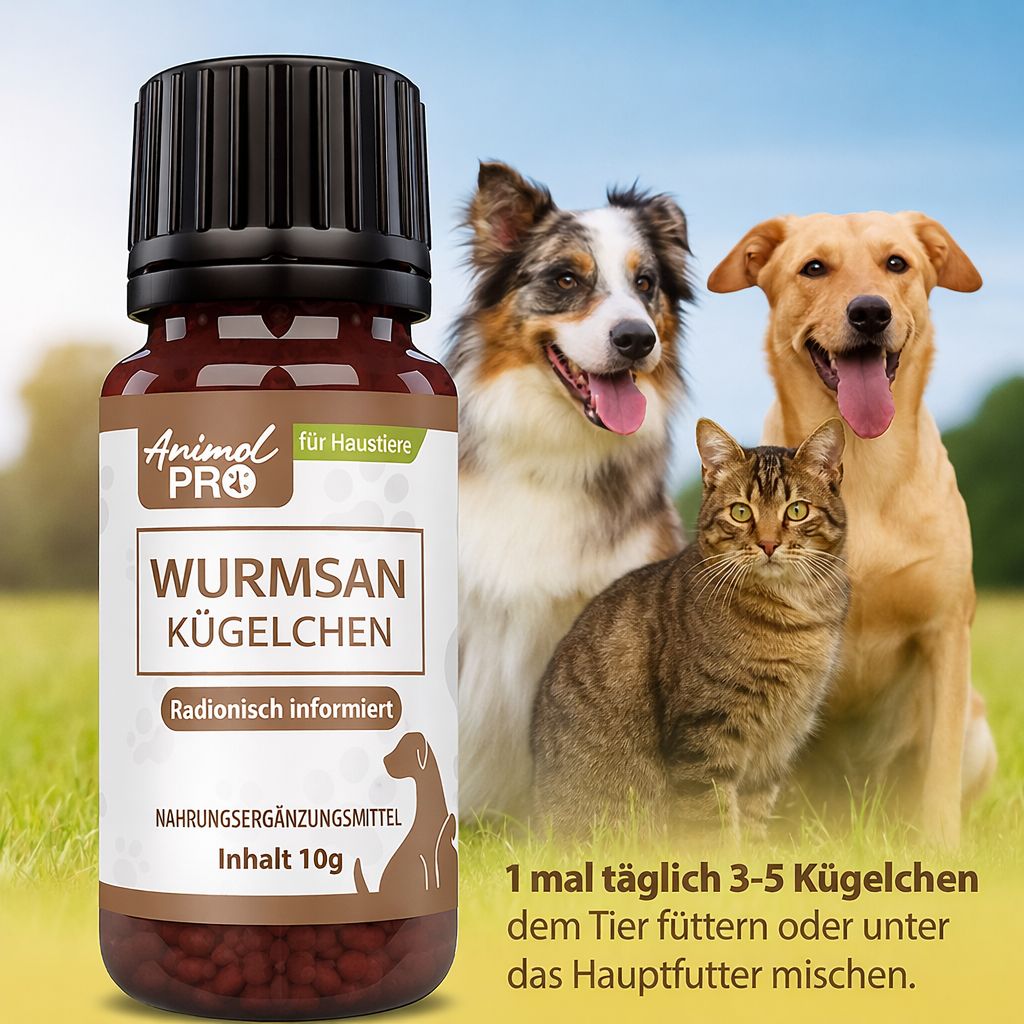 Braune Glasflasche mit Etikett. Text: Animal Pro Wurmsan Kügelchen. Hunde und Katze im Freien.