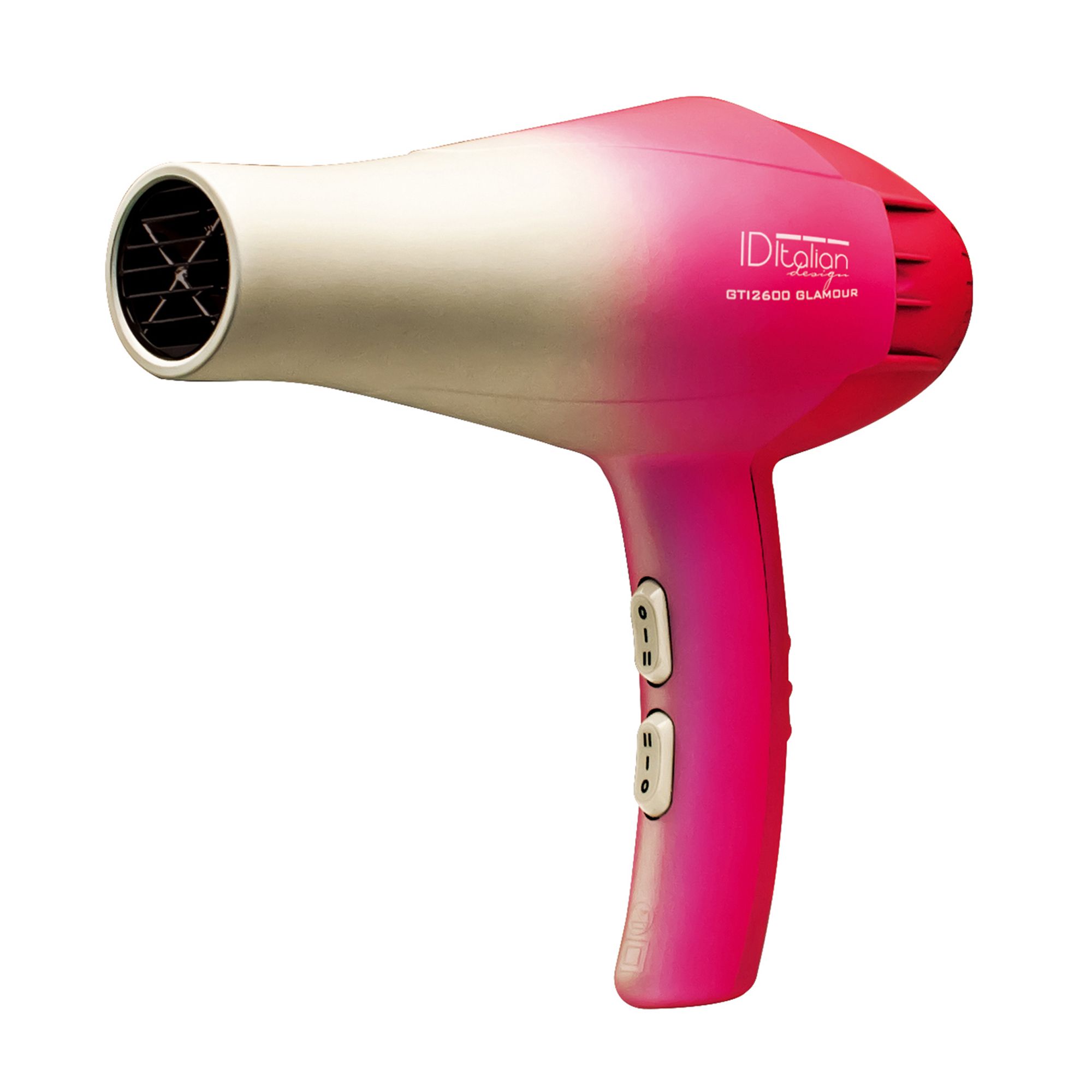 Seitenansicht eines pinken und cremefarbenen Haartrockners mit silbernem Akzent und Bedienelementen.