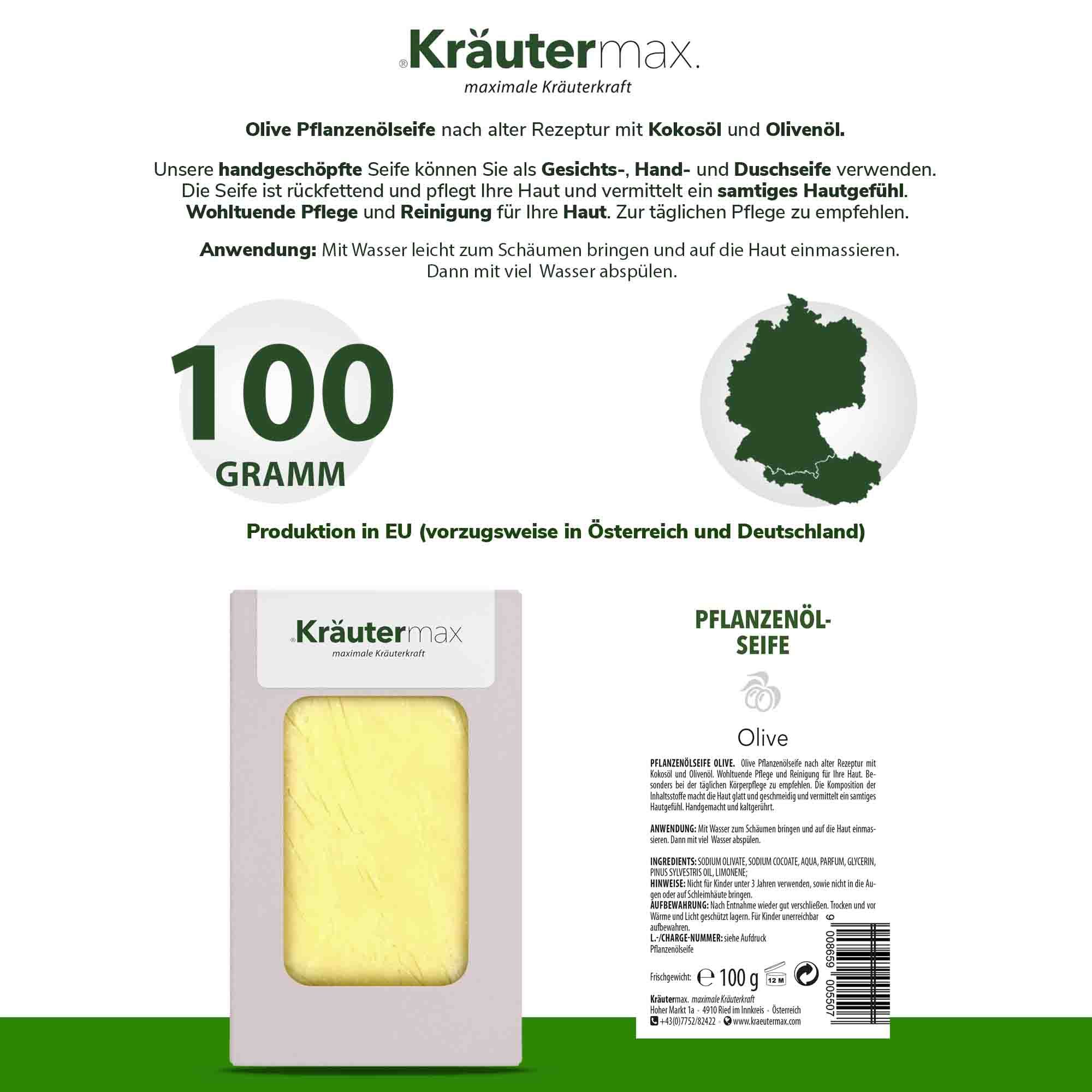 Produktabbildung: Kräutermax Pflanzenölseife Olive. Text mit Informationen zur Seife und Inhaltsstoffen. 100 Gramm.