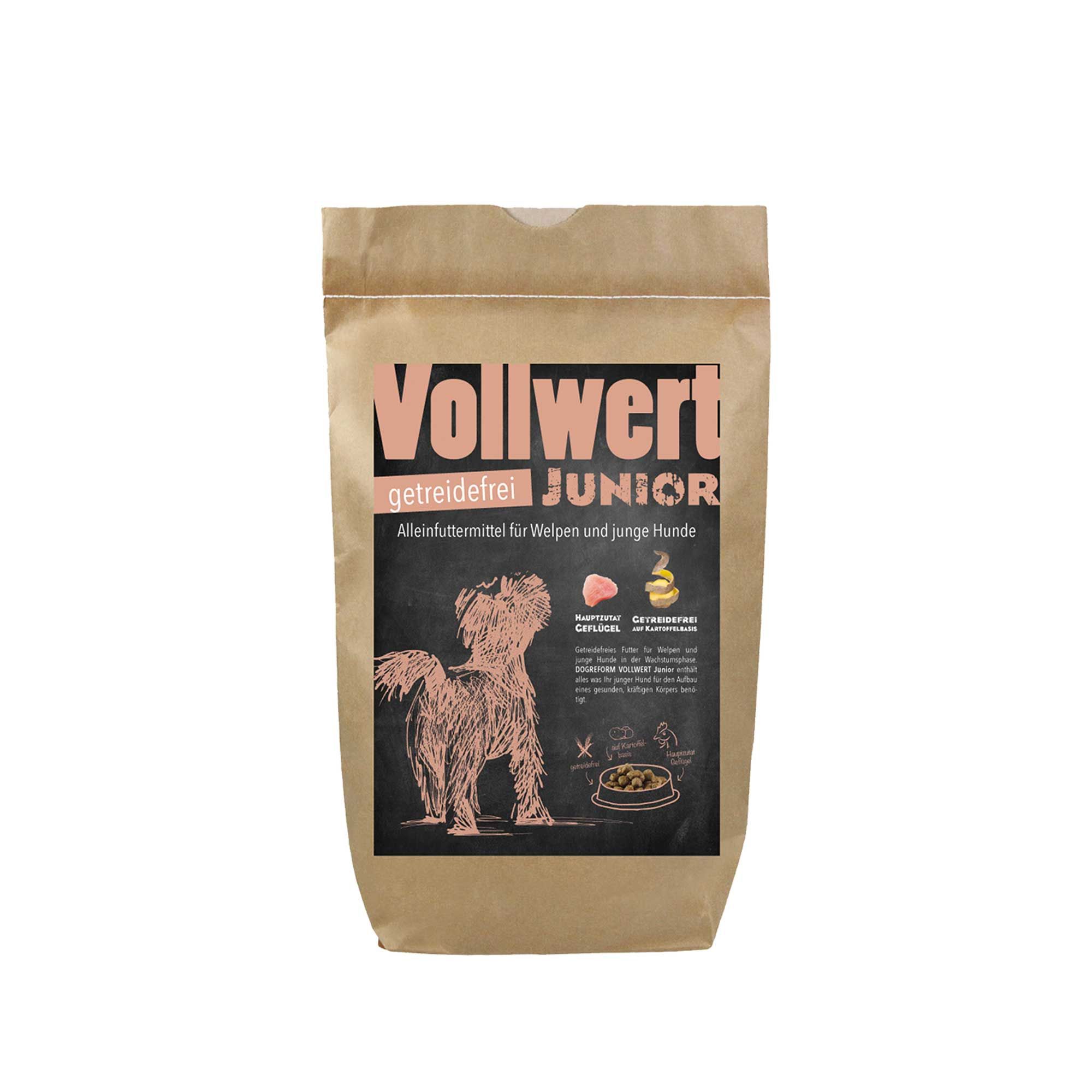 Braune Papiertüte mit Aufdruck. Schriftzug "Vollwert Junior". Illustration eines Hundes. Text: Alleinfuttermittel für Welpen.