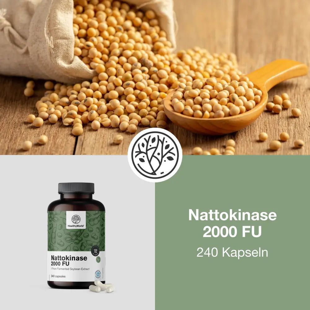 Produktpräsentation mit Sojabohnen und Flasche. Flasche: Nattokinase 2000 FU, 240 Kapseln. Marke: HealthyWorld. Hintergrund: Holz.