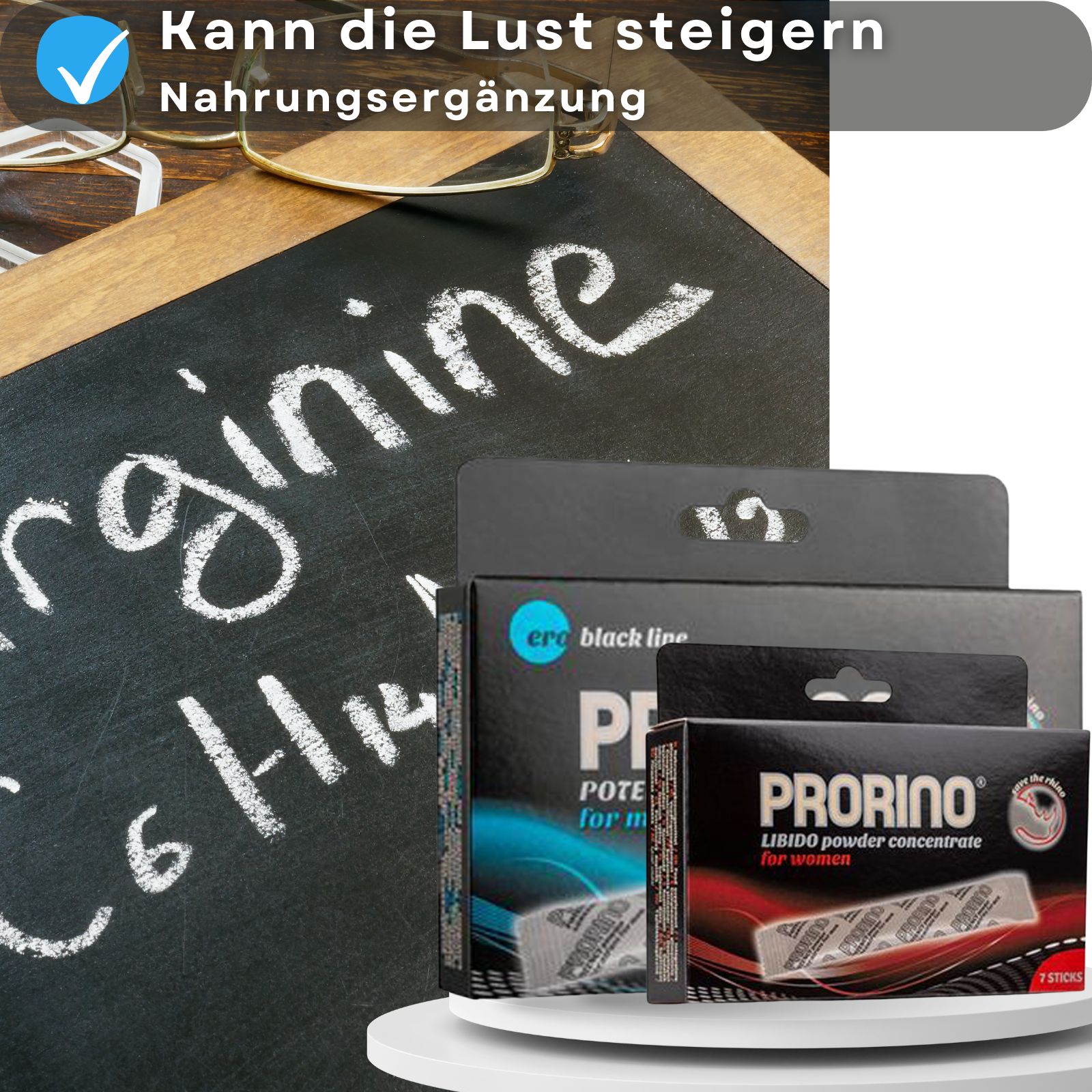 Prorino-Packungen mit Text. Textblöcke mit blauen Häkchen. Hintergrund mit weißem Puder.