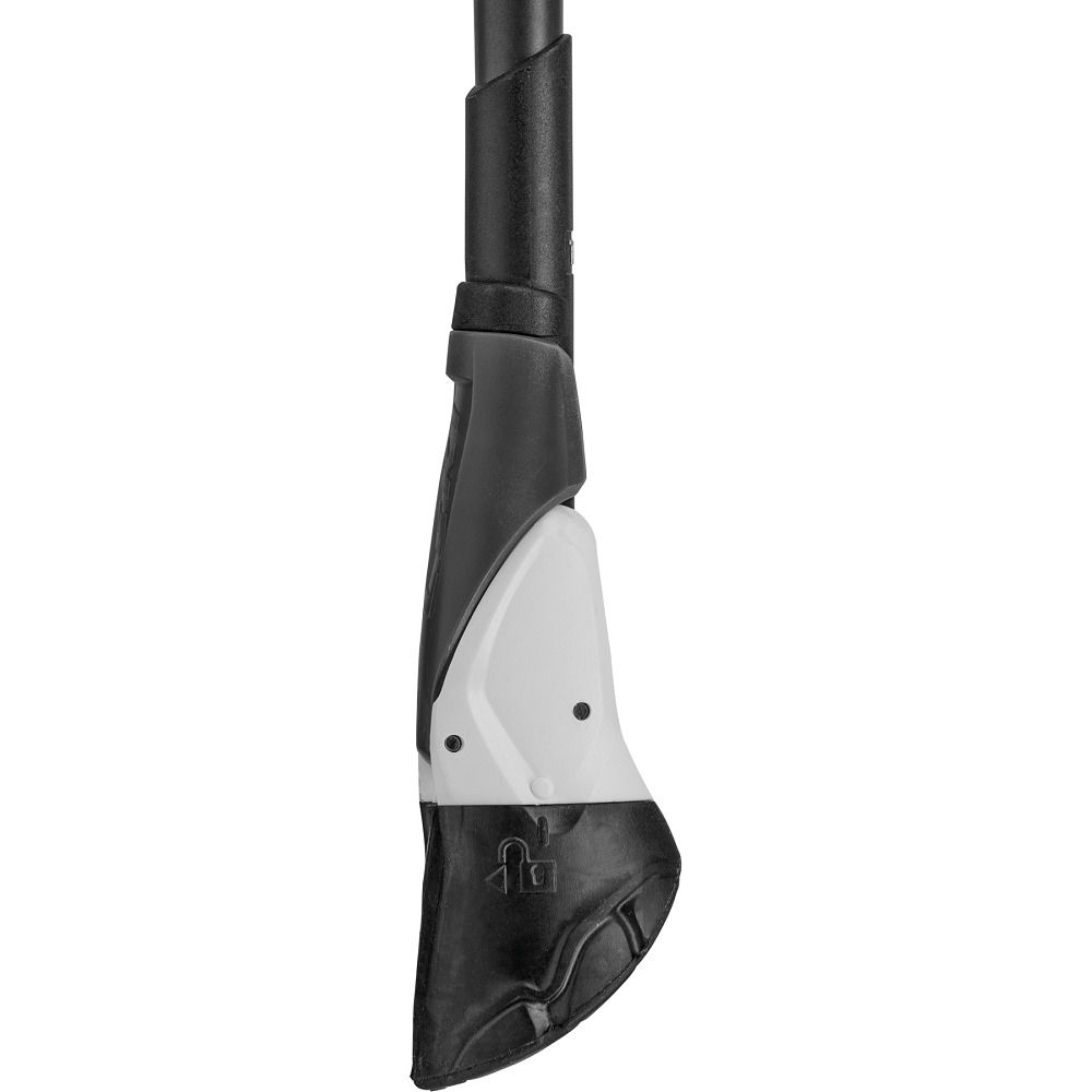 Nahaufnahme der Spitze eines Nordic-Walking-Stocks. Schwarze Spitze mit weißem Element. Schwarzer Schaft.