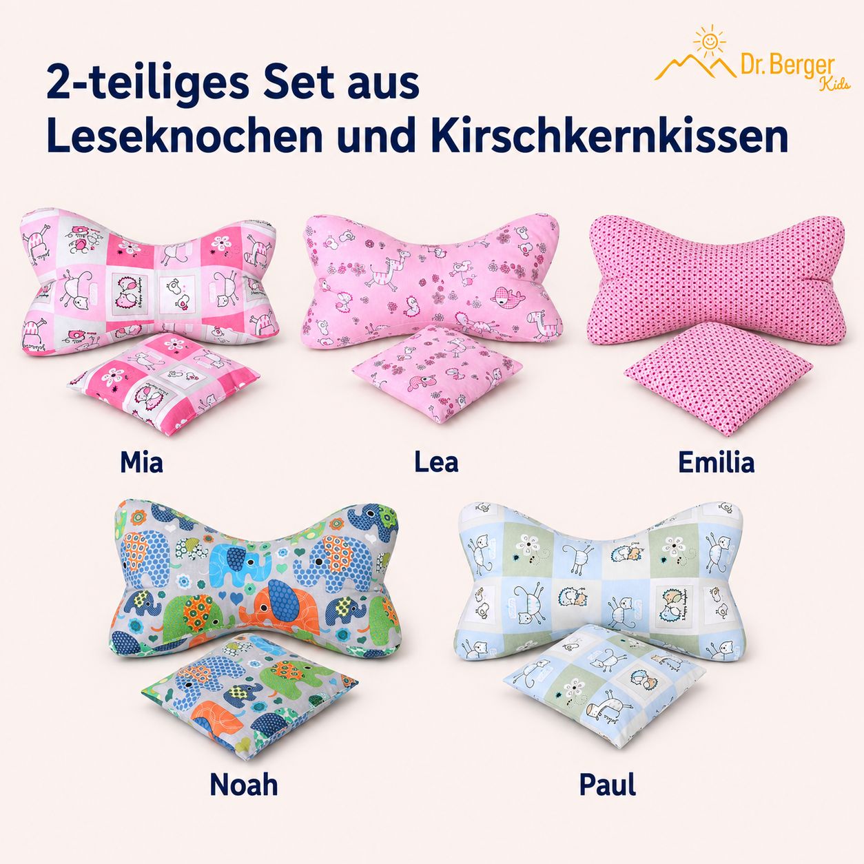 Sechs verschiedene Sets von Nackenkissen und Kirschkernkissen mit Tiermotiven.