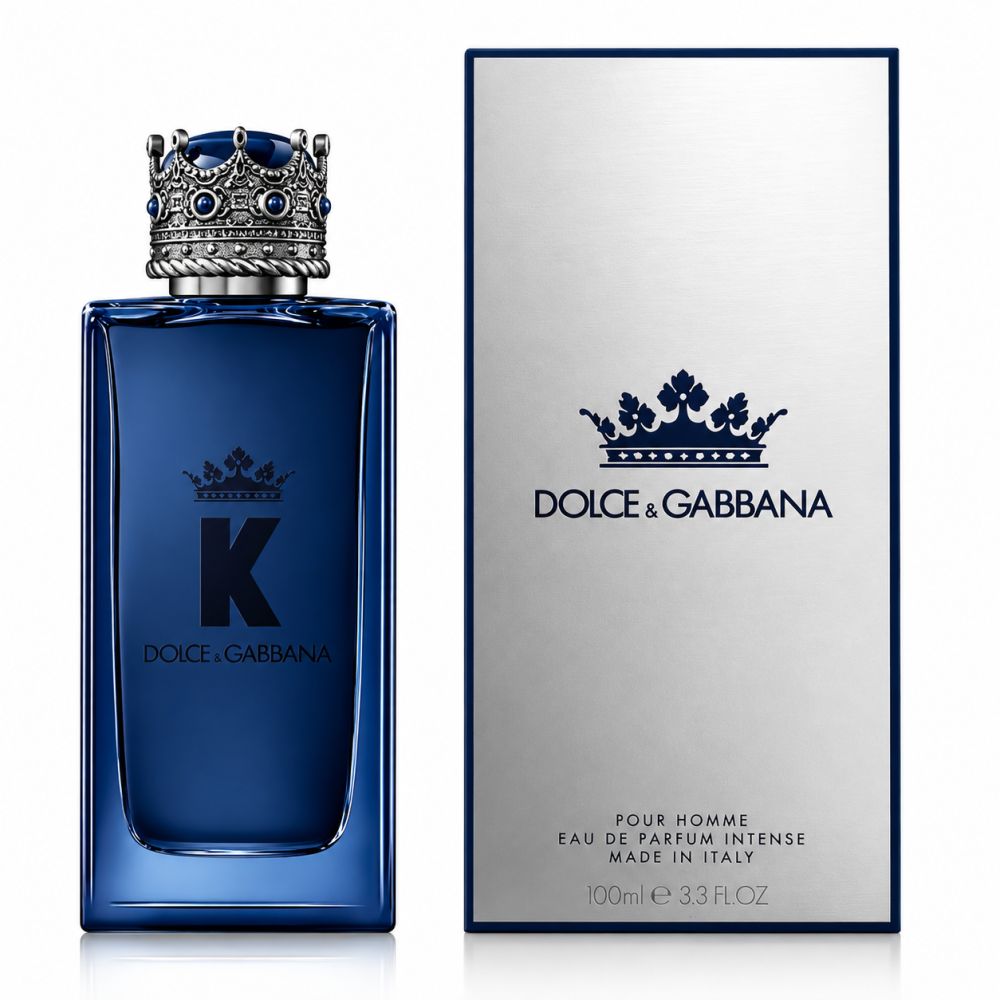 D&G K Eau de Parfum Intense Flakon und Verpackung mit königlicher Kappe.