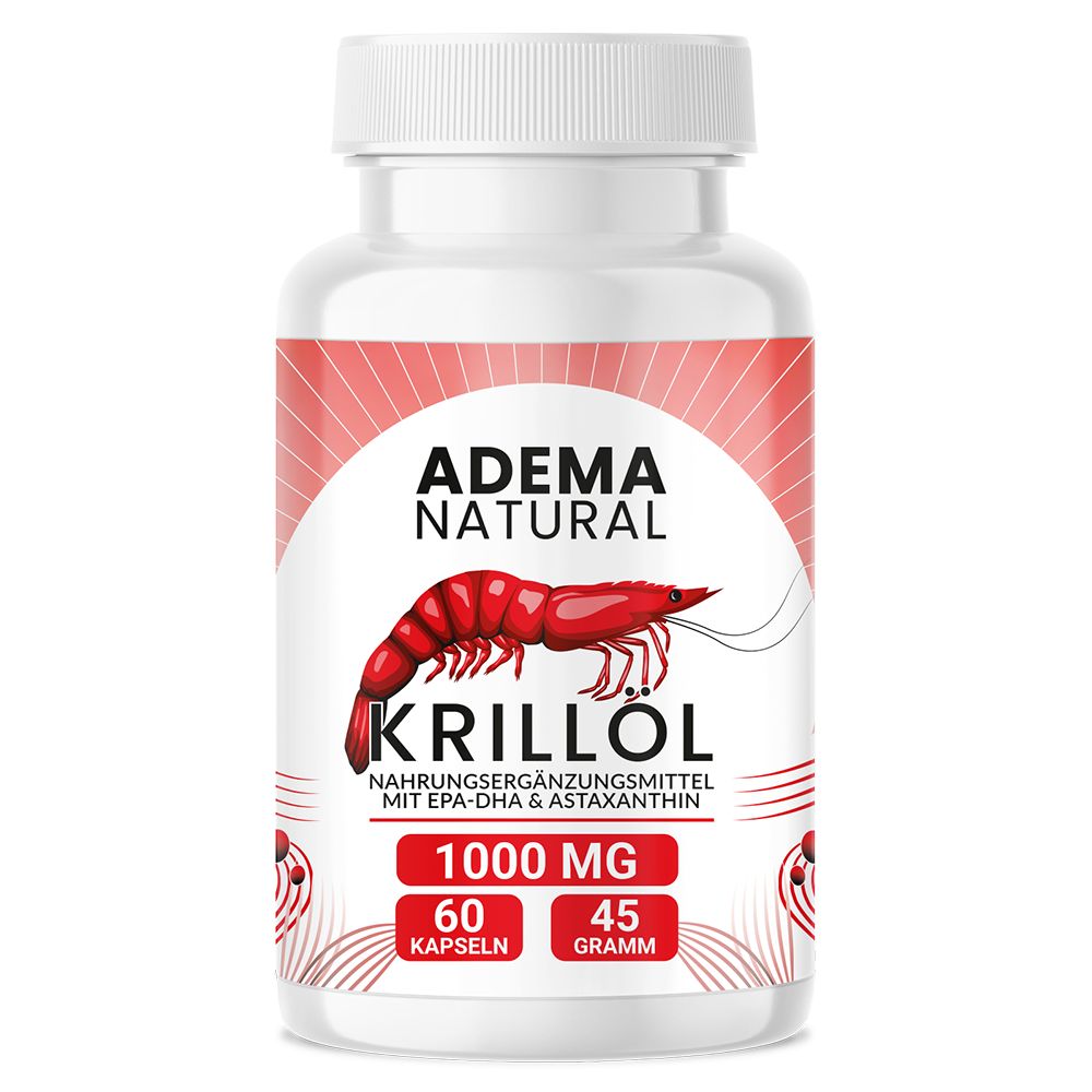 Produktflasche mit rotem Etikett. Text: ADEMA NATURAL, Krillöl, 1000 mg, 60 Kapseln, 45 Gramm. Krill-Illustration.