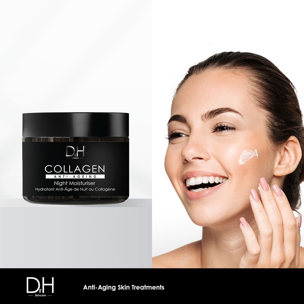 Frau trägt Creme auf. Schwarzer Tiegel mit "COLLAGEN ANTI-AGEING Night Moisturiser". Text: "D.H. Skin care".