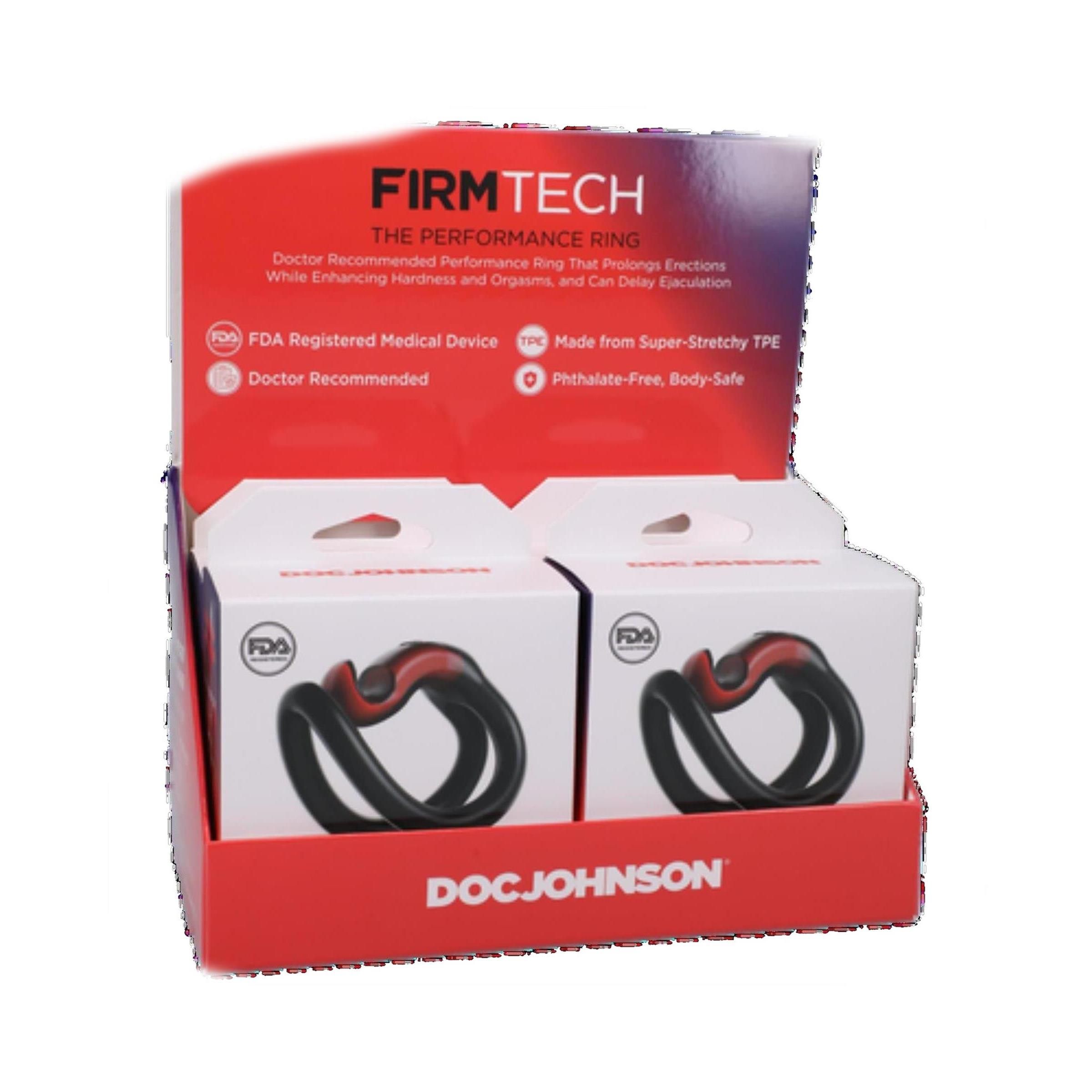 Display mit zwei Performance Ringen in Verpackungen. Text: FIRMTECH, THE PERFORMANCE RING, DOC JOHNSON, FDA-Siegel.