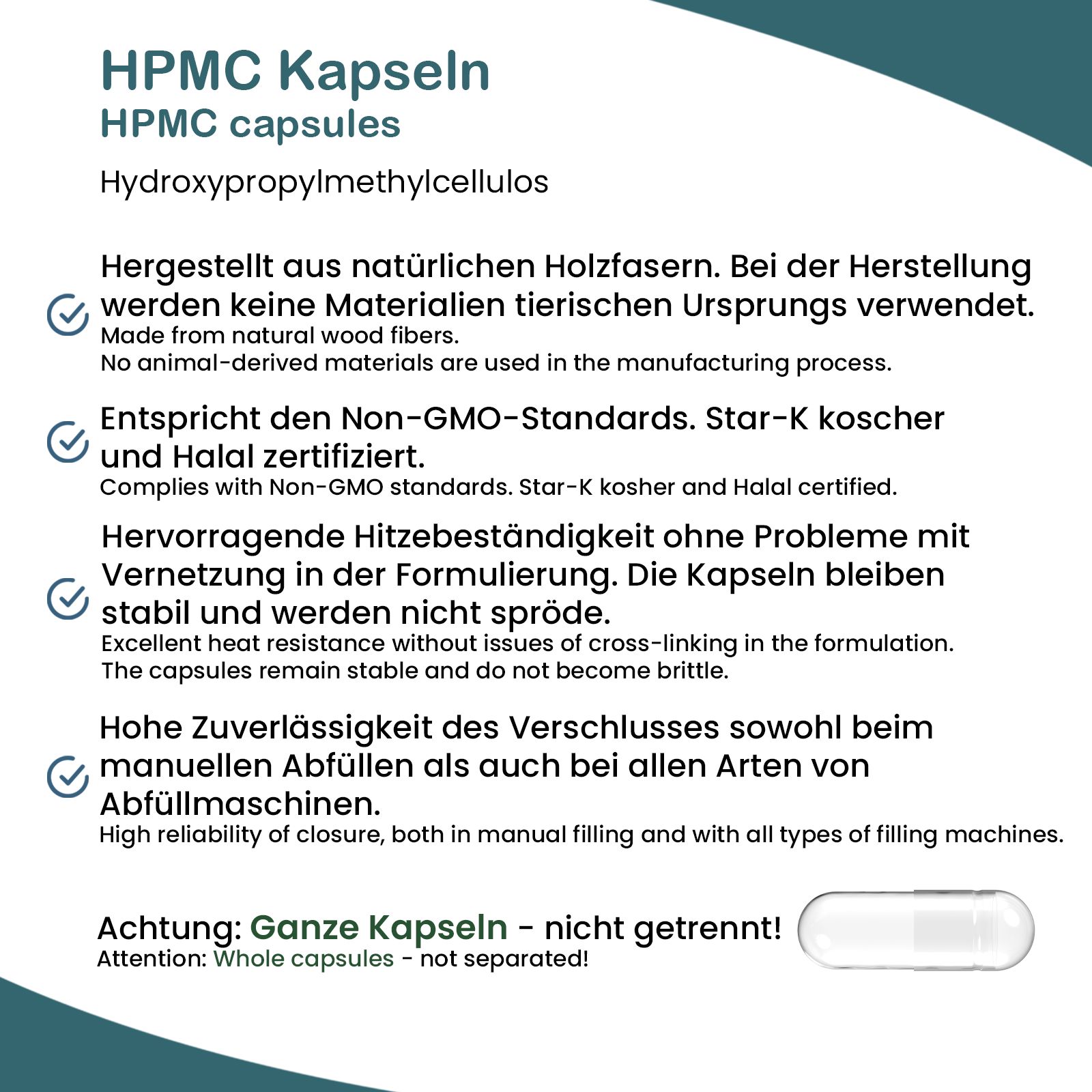 Text über HPMC Kapseln. Hergestellt aus natürlichen Holzfasern. Entspricht Non-GMO-Standards. Star-K koscher und Halal zertifiziert. Hitzebeständig.