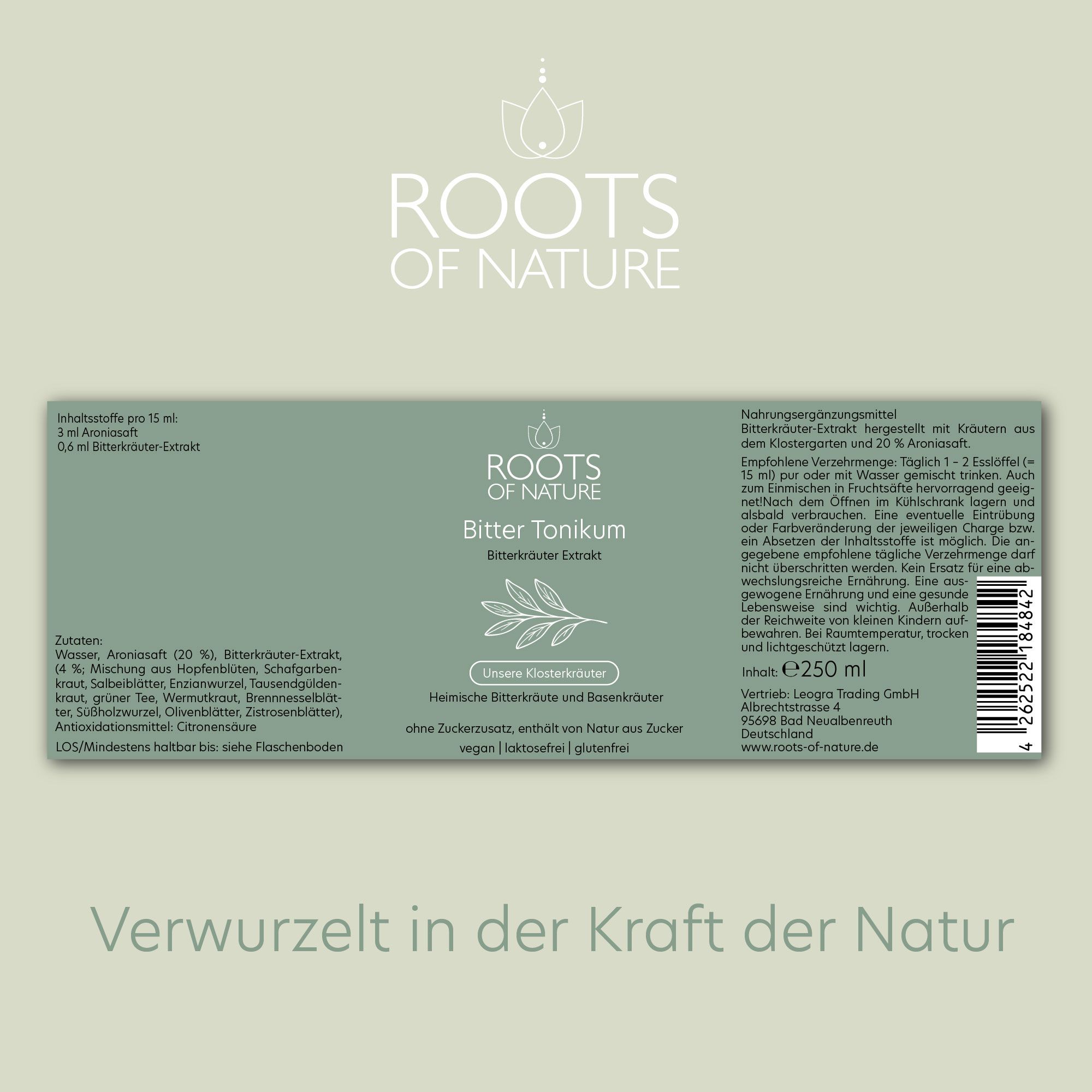 Grünes Etikett mit Text. Aufschrift: Bitter Tonikum. Inhaltsstoffe, Dosierung, Hinweise. Vegan, laktosefrei, glutenfrei. 250 ml.