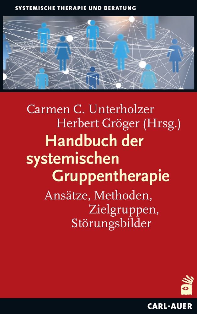 Buchcover: Handbuch der systemischen Gruppentherapie. Titel, Autoren, und Verlag. Roter Hintergrund mit Text in Weiß. Oben: Grafik mit Figuren.