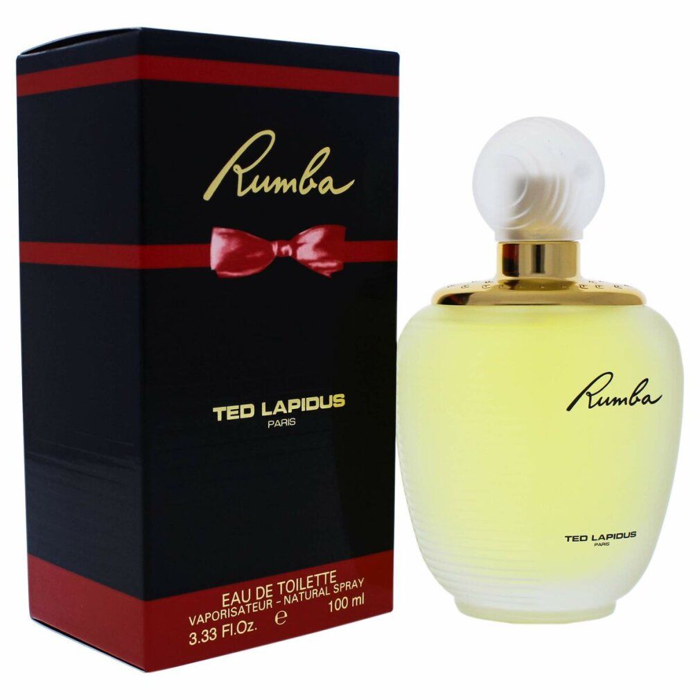 Rumba Eau de Toilette Flakon und Verpackung. Schwarze Schachtel mit roter Schleife und Schriftzug Rumba.