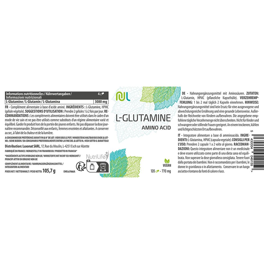 Rückseite der L-Glutamin-Flasche mit Nährwertangaben und Inhaltsstoffen. Vegan-Siegel. Text in Deutsch, Italienisch und Französisch.