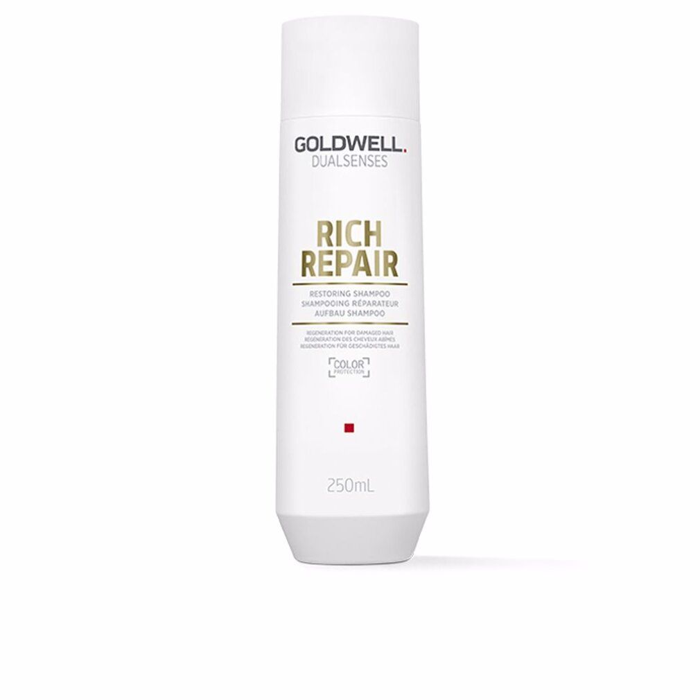 Weißes Shampoo mit Goldwell-Logo und Schriftzug Rich Repair. Flasche mit weißem Deckel und rotem Quadrat.