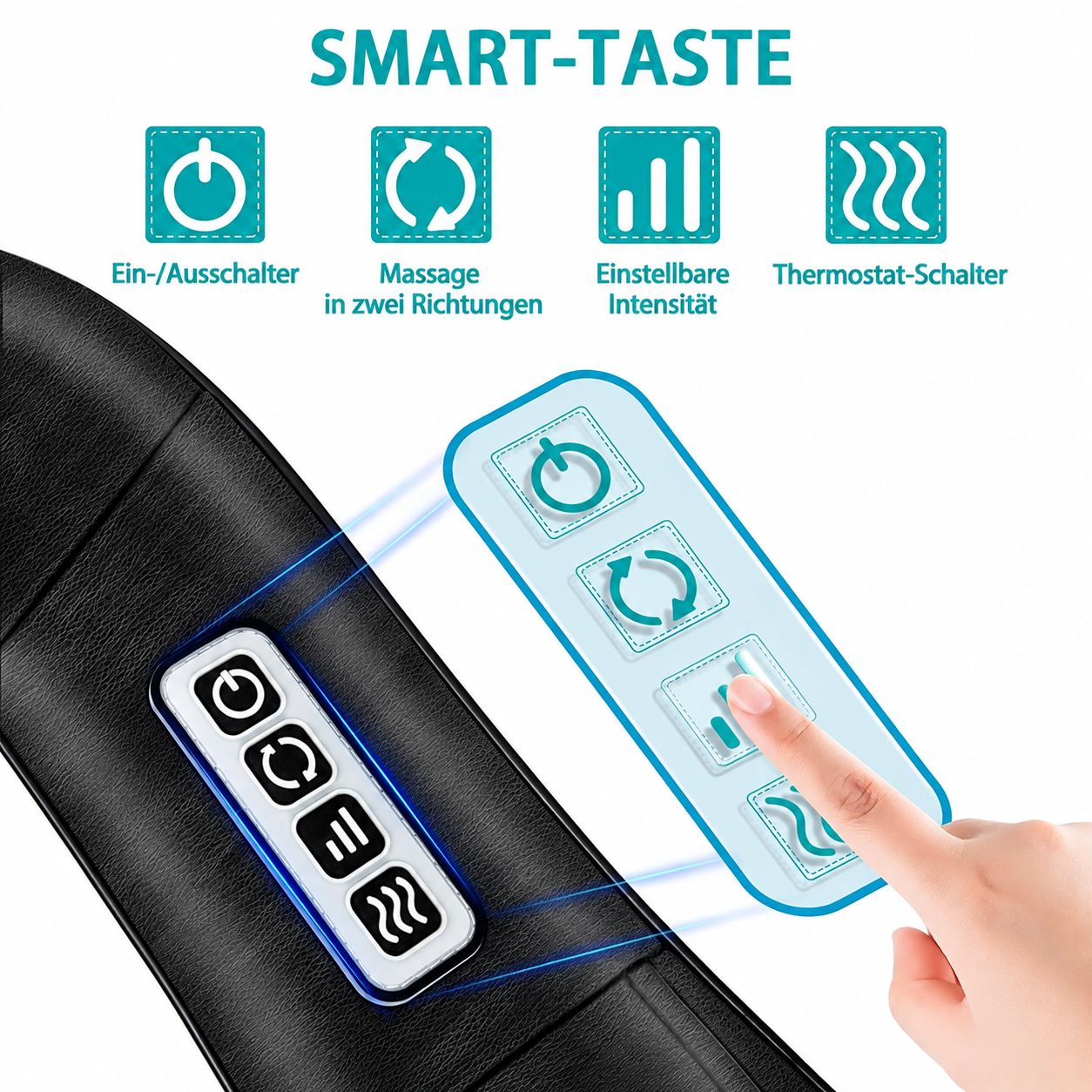Massagegerät mit Bedienelementen für Ein-/Ausschalter, Massage in zwei Richtungen, einstellbare Intensität und Thermostat.