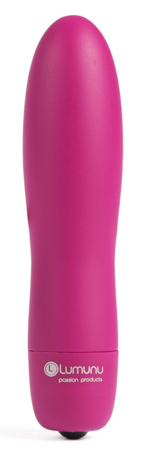 Pinkfarbener Minivibrator. Zylindrische Form mit abgerundeter Spitze. Marke "Lumunu" und "passion products" am unteren Ende.