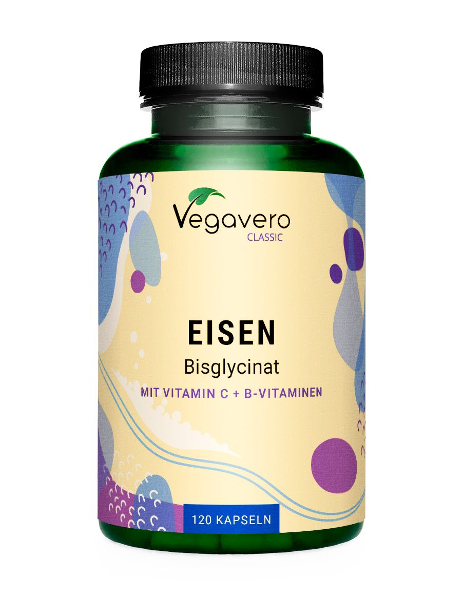 Grüne Flasche mit schwarzen Deckel. Aufschrift: Vegavaro Classic, Eisen Bisglycinat, 120 Kapseln.