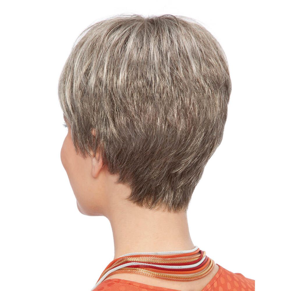 Kurzhaarperücke, graues Haar, Rückansicht. Frau mit Blick nach links.
