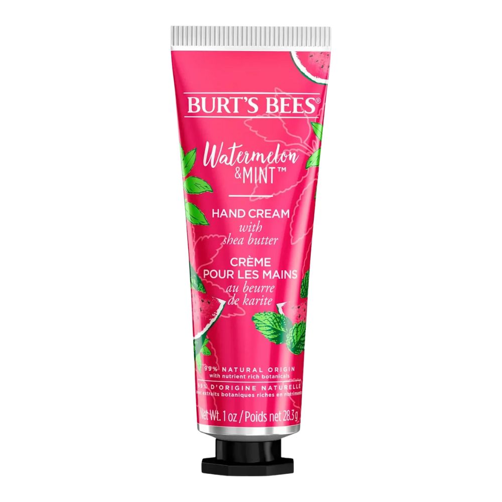 Rosa Tube mit Aufschrift BURT'S BEES, Watermelon & MINT, Handcreme mit Sheabutter. Schwarzer Verschluss. 1 oz.