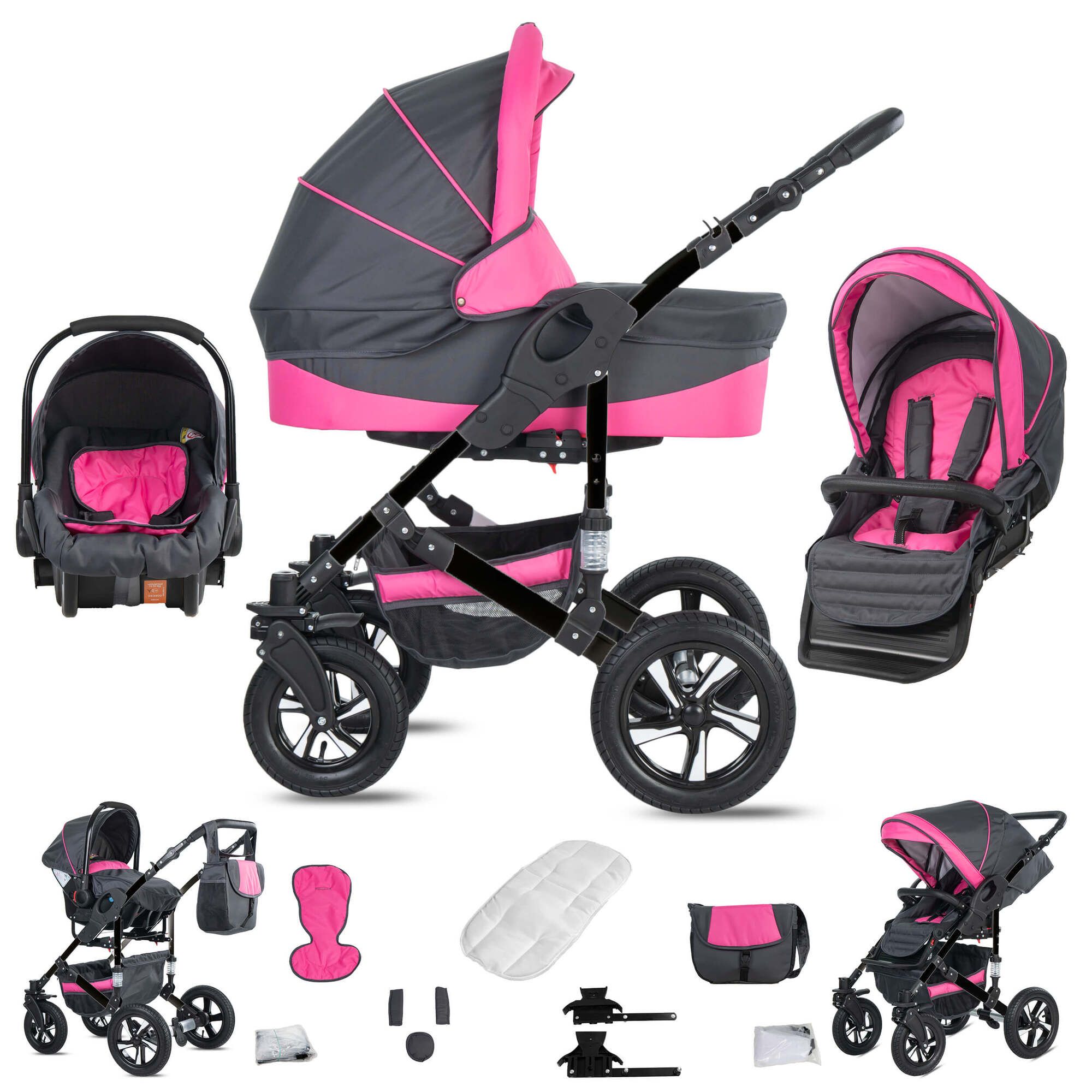 Friedrich Hugo Münster 3 in 1 Kinderwagen Set Hartgummireifen, Grey & Pink