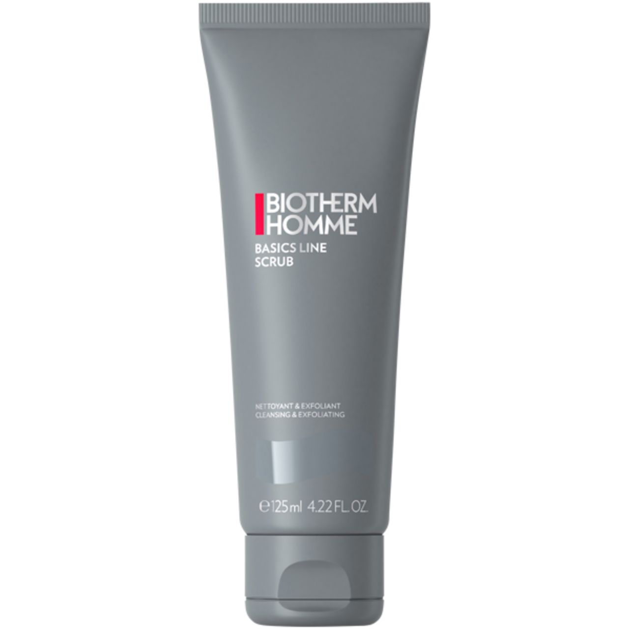 Graue Tube mit BIOTHERM HOMME Logo. Aufschrift: BASICS LINE SCRUB. 125ml.