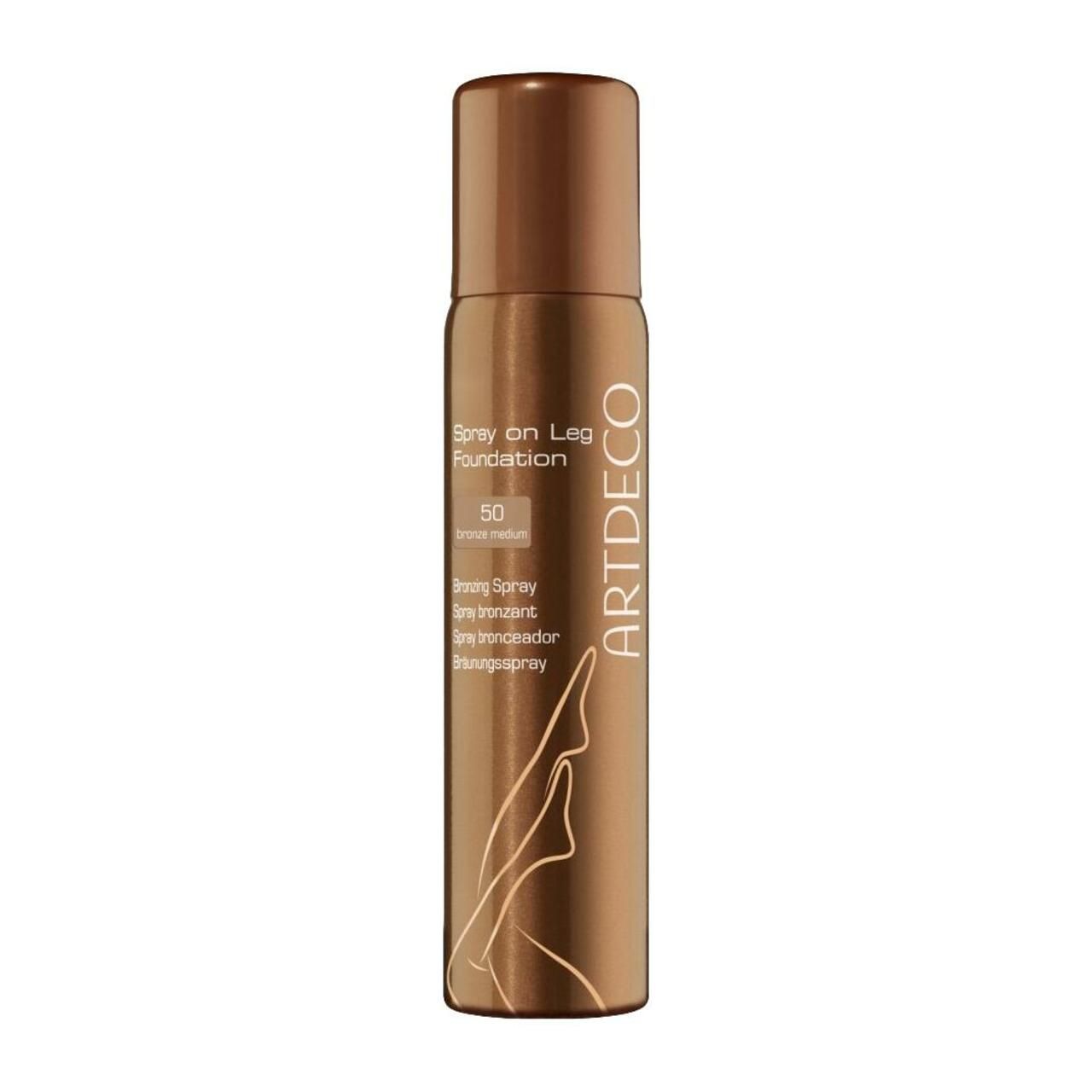 Artdeco Spray on Leg Foundation. Braune Sprühflasche mit Produktnamen und Bein-Illustration. Farbton 50 Bronze Medium.