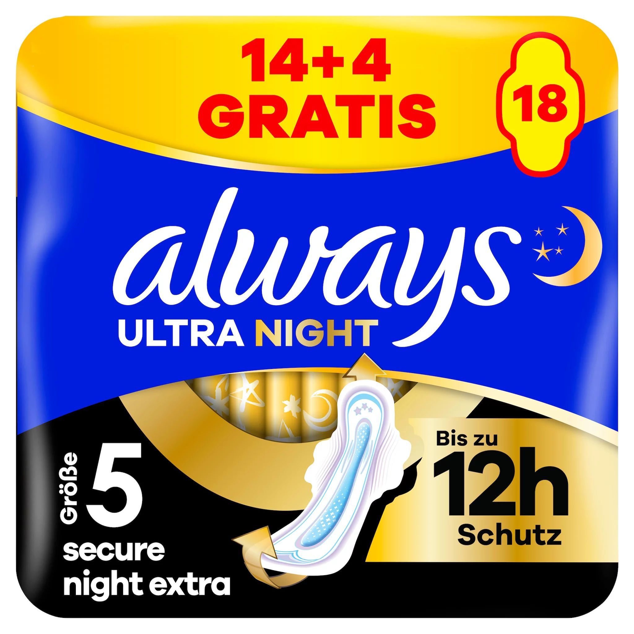 always Ultra Binde Secure Night Extra mit Flügeln BigPack 14+4 Gratis Binden 18 St