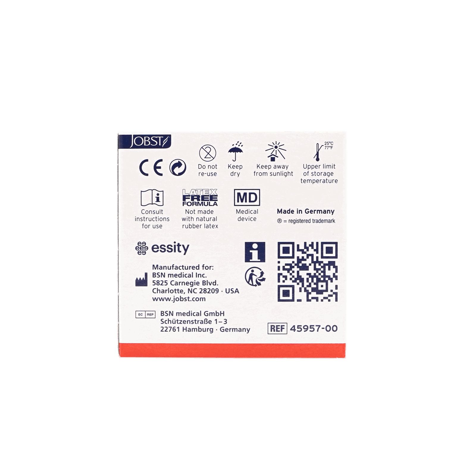 Rückseite der Verpackung mit Symbolen, Herstellerinformationen, QR-Code und Referenznummer.