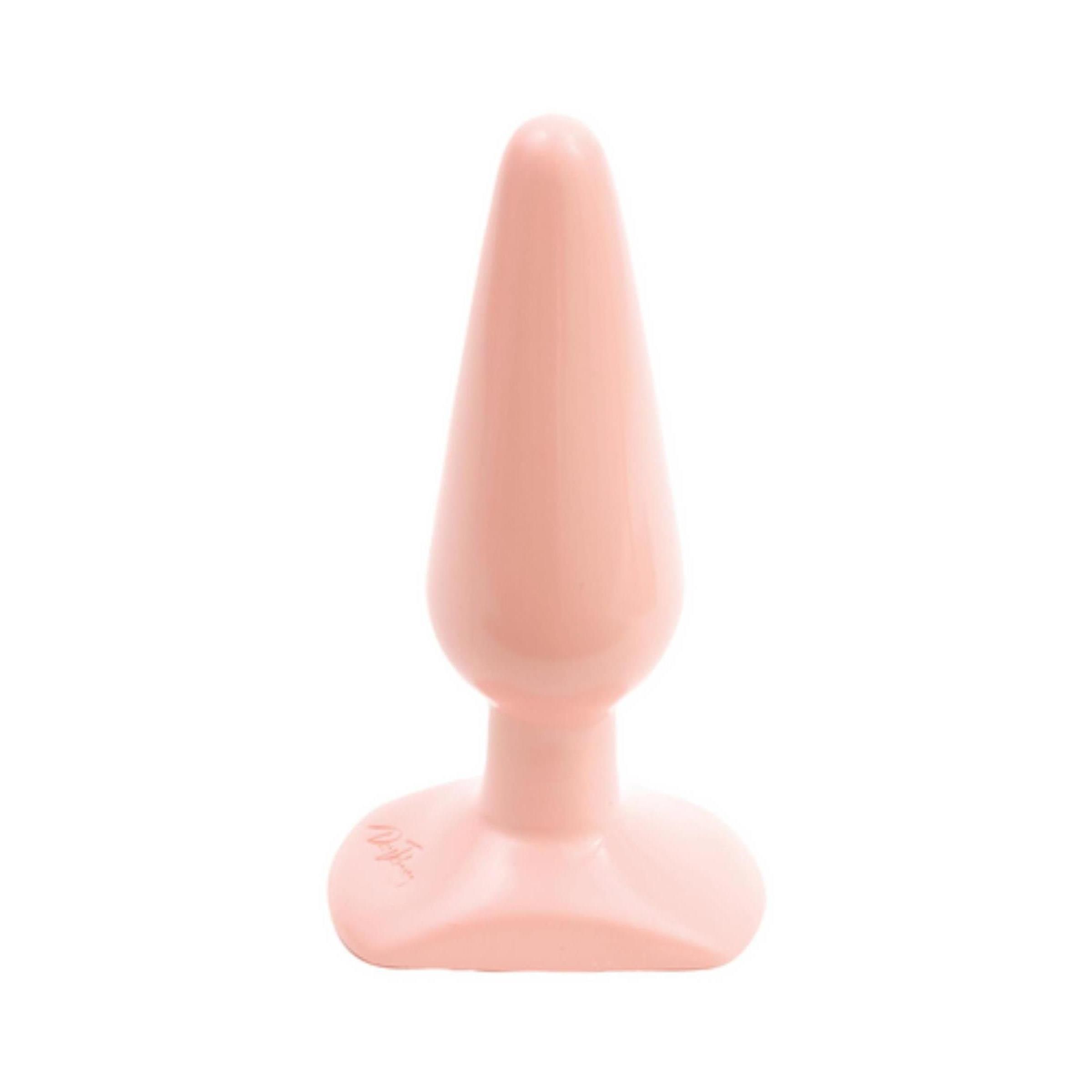 Rosa Butt Plug. Konische Form, breite Basis. Marke Doc Johnson auf der Basis. Glatte Oberfläche.