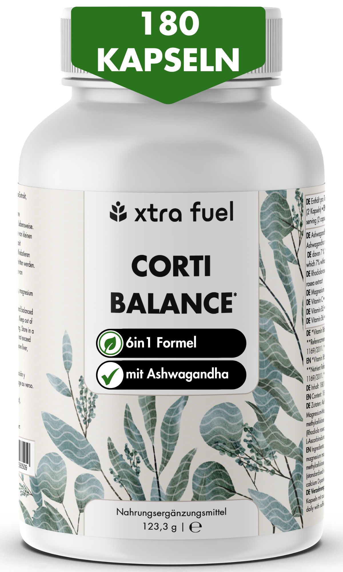 Weiße Dose mit 180 Kapseln, 'Corti Balance' und Pflanzenmotiv.