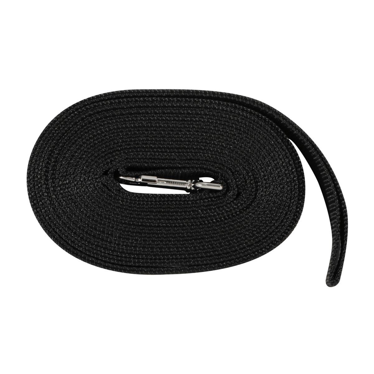 Schwarze Longe aus Kunststoff, gerollt. Mit Metallkarabiner.