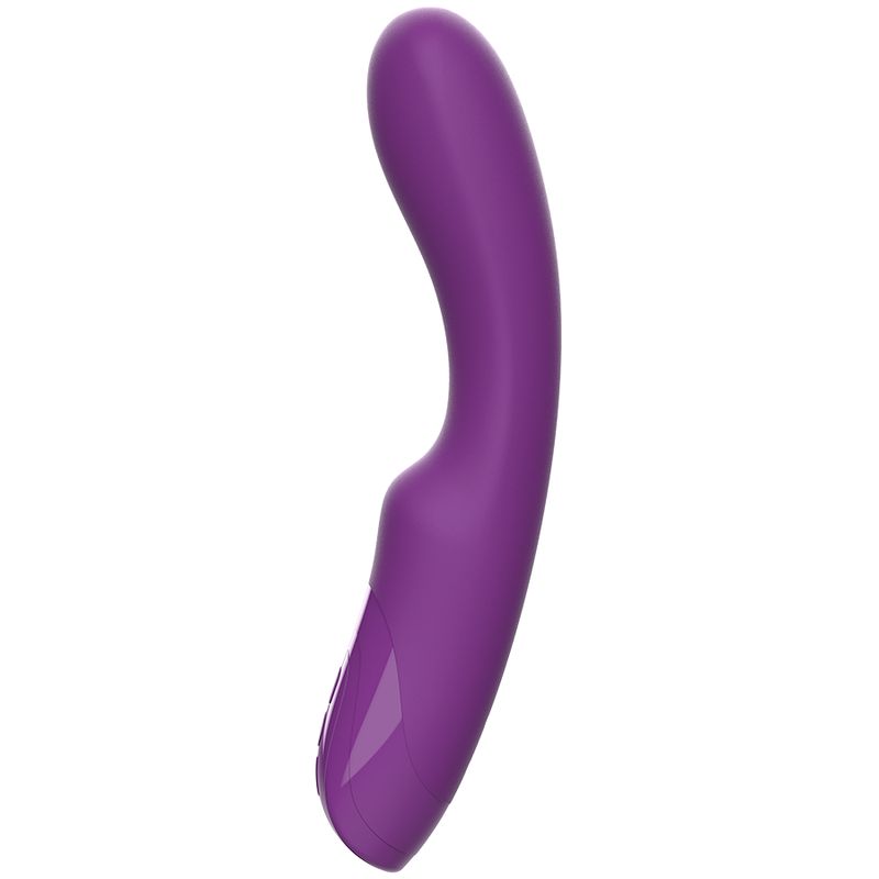 Lila Vibrator mit geschwungener Form. Ansicht von der Seite.
