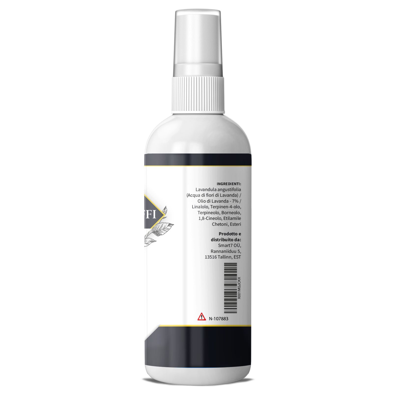 Retro del flacone spray bianco. Testo: Ingredienti, produttore. Striscia nera e gialla. Codice a barre.