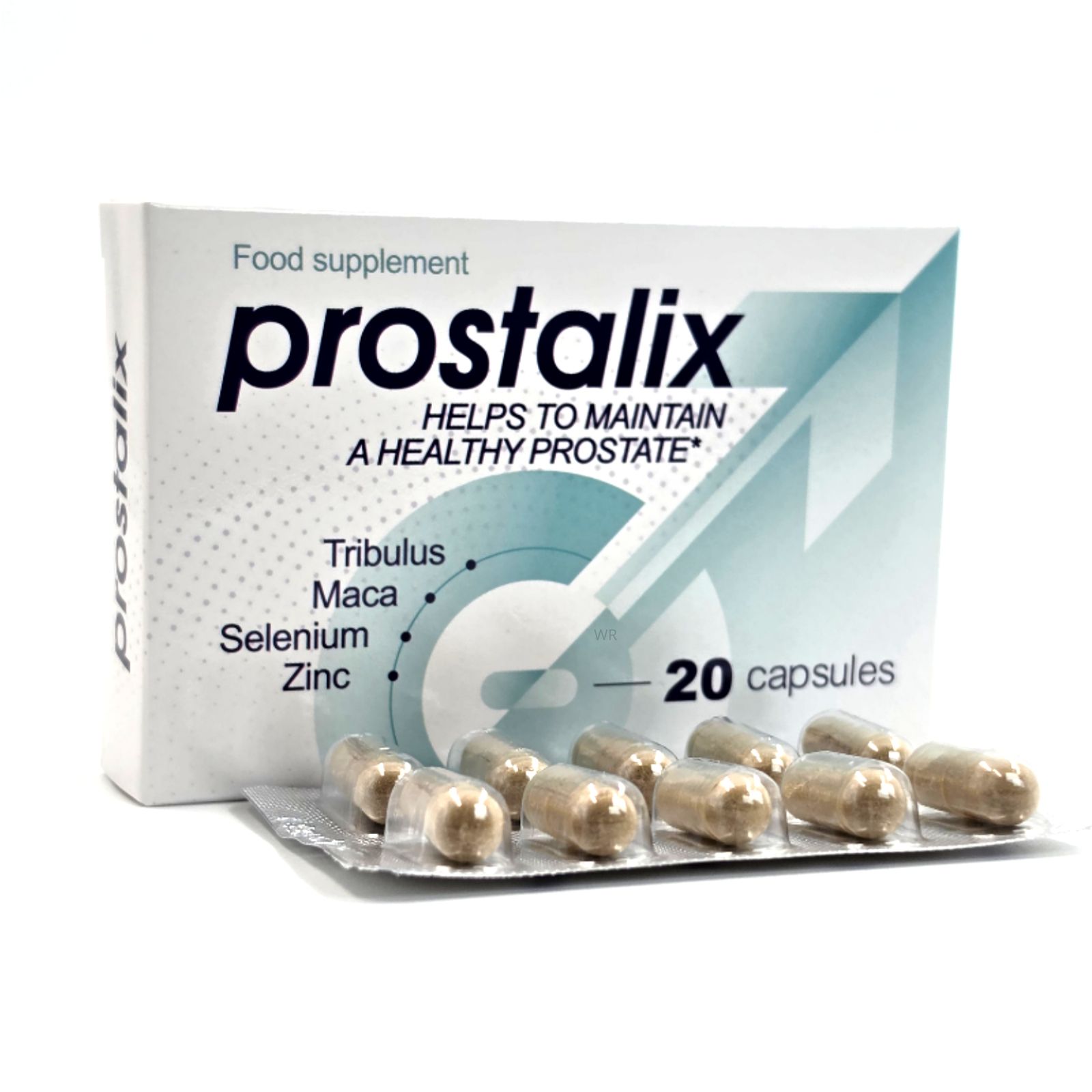 Prostalix Verpackung und Blisterpackung mit 10 von 20 Kapseln. Enthält Tribulus, Maca, Selen, Zink.