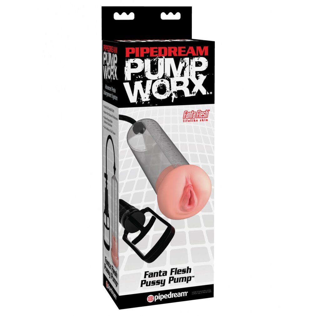 Produktverpackung. Schwarzer Karton mit Produktabbildung. Text: PUMP WORX, Fanta Flesh Pussy Pump. Marke: Pipedream.