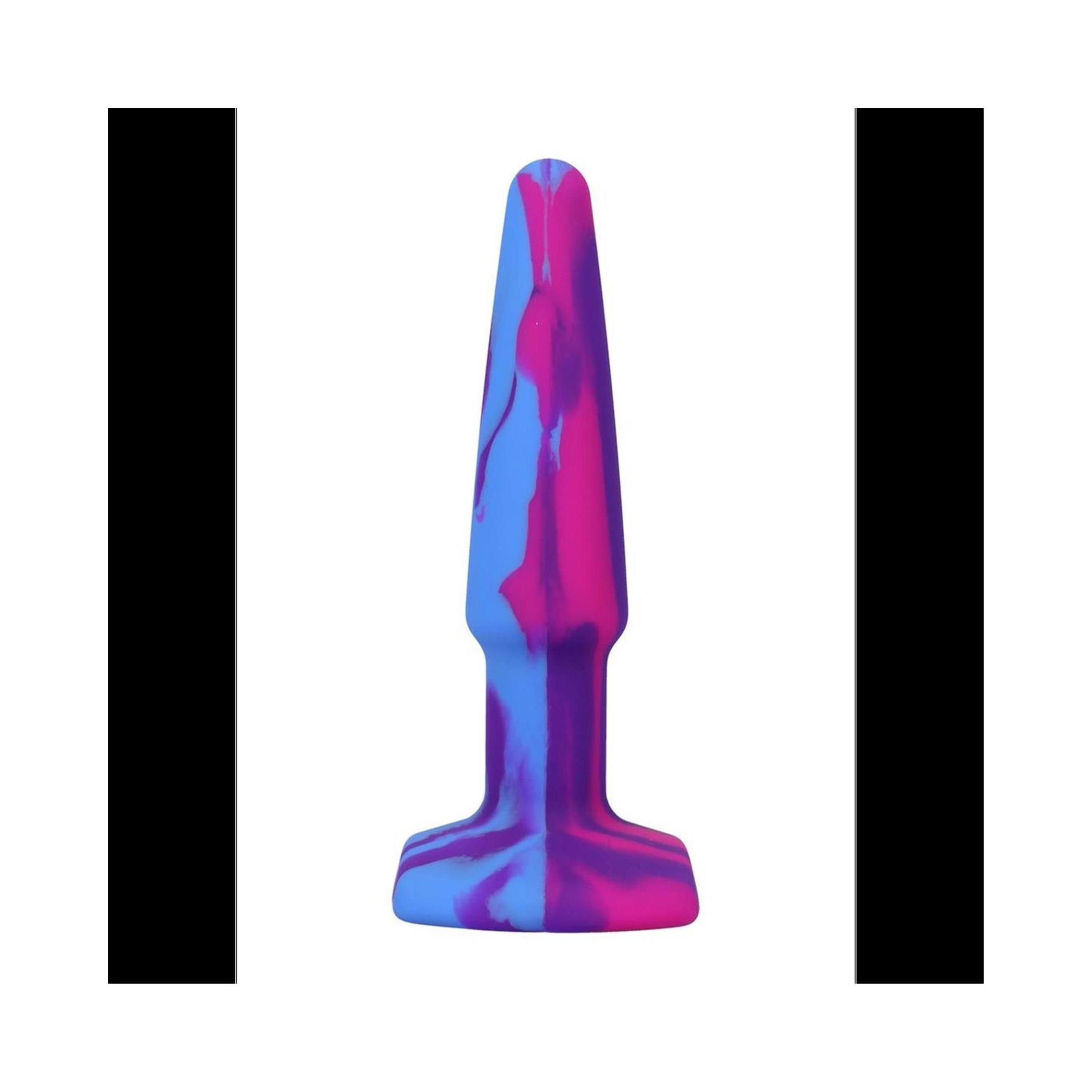 Analplug aus Silikon. Farben: Blau, Pink, Lila. Form: konisch mit breiter Basis. Material: Silikon.