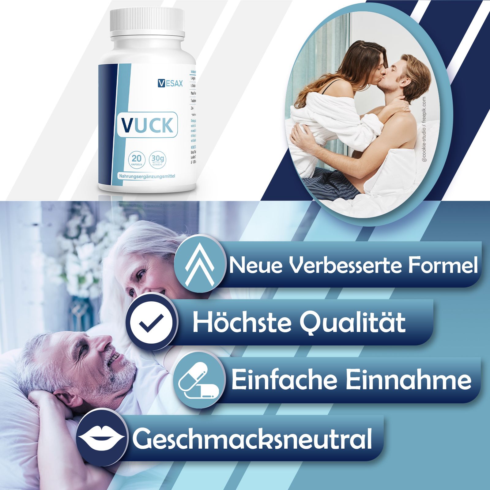 Flasche mit "Vuck" und "VESAX". Text: "Neue verbesserte Formel", "Höchste Qualität", "Einfache Einnahme", "Geschmacksneutral". Hintergrund: Paare.