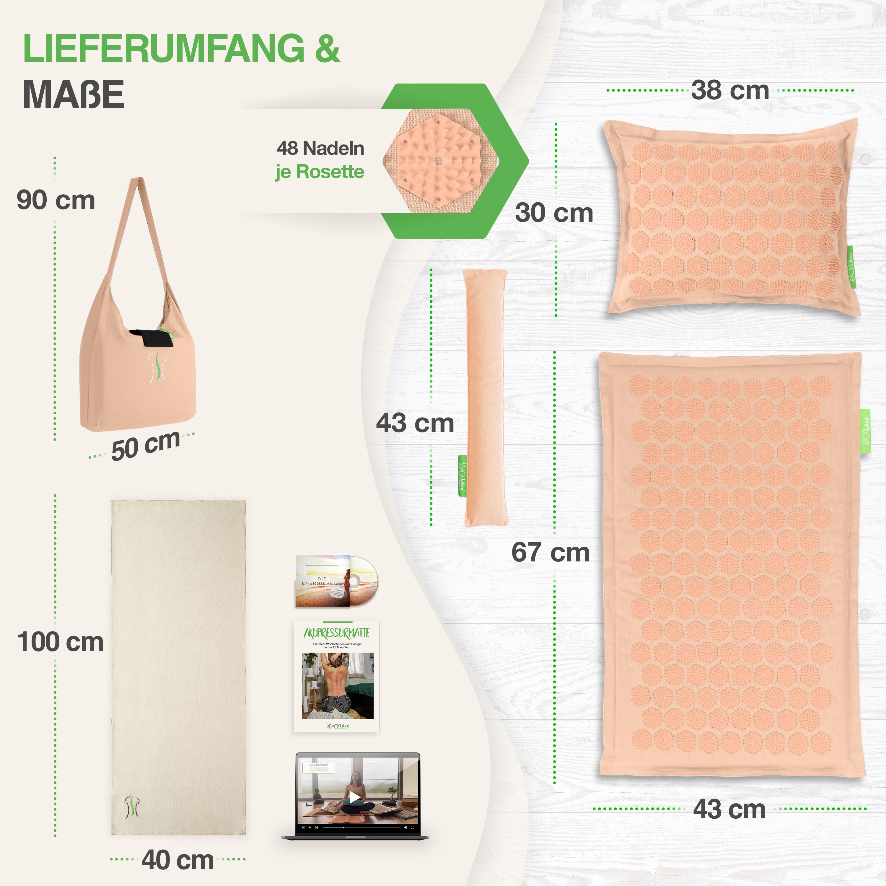Lieferumfang & Maße. Beige Tragetasche: 90x50cm. Akupressurmatte: 100x40cm. Kissen: 38x30cm. Rolle: 43cm. E-Book. 48 Nadeln pro Rosette.