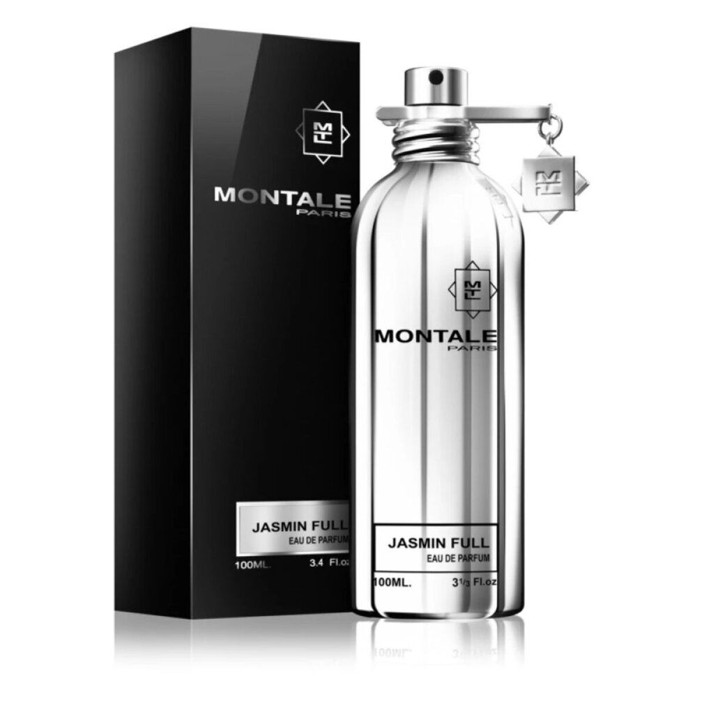 Silberne Flasche mit schwarzer Verpackung. Aufschrift: Montale Paris, Jasmin Full. Mit Zerstäuber und Anhänger.