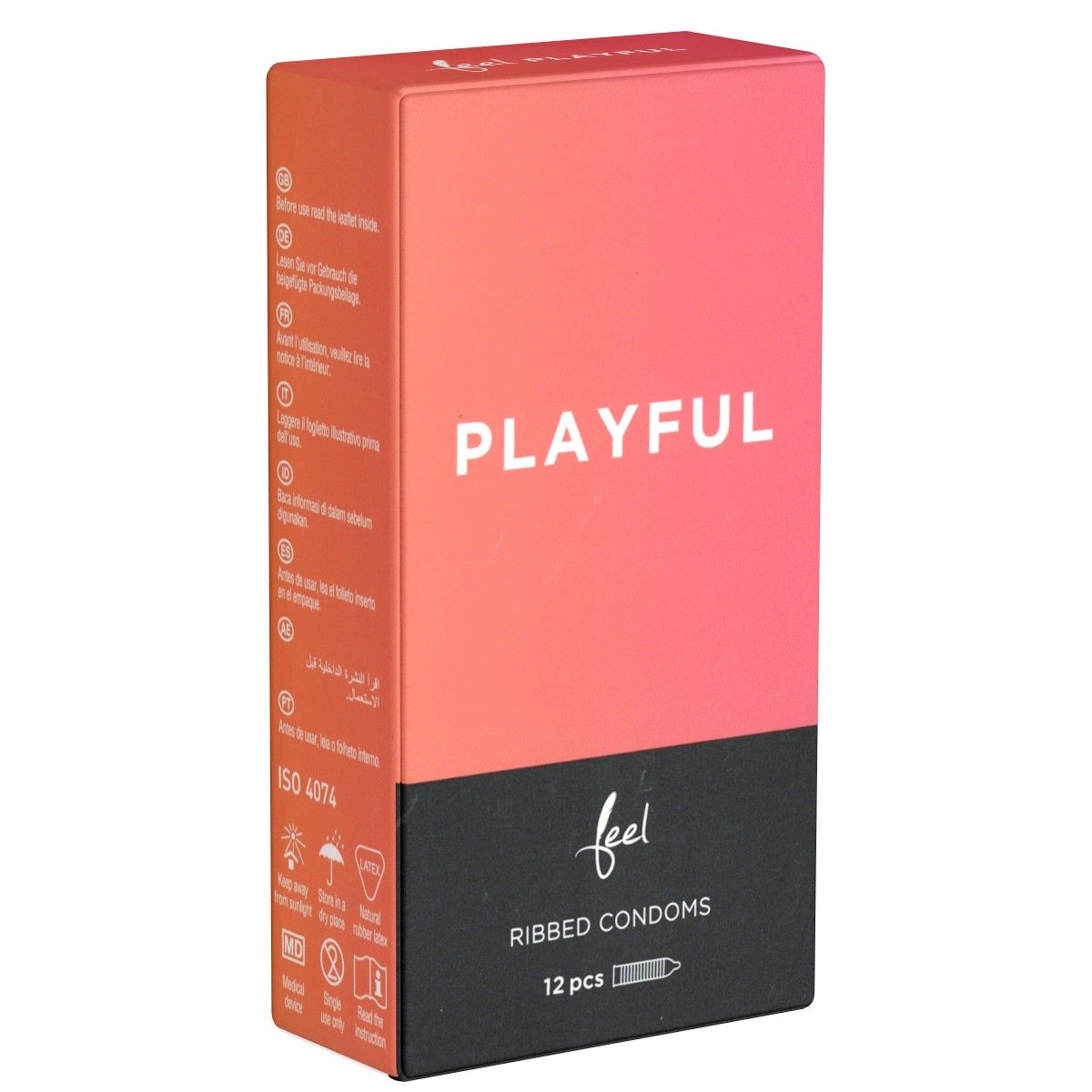 Verpackung mit Kondomen. Rosa-schwarzer Karton mit Aufschrift "PLAYFUL" und "feel". Enthält 12 Stück. ISO 4074.