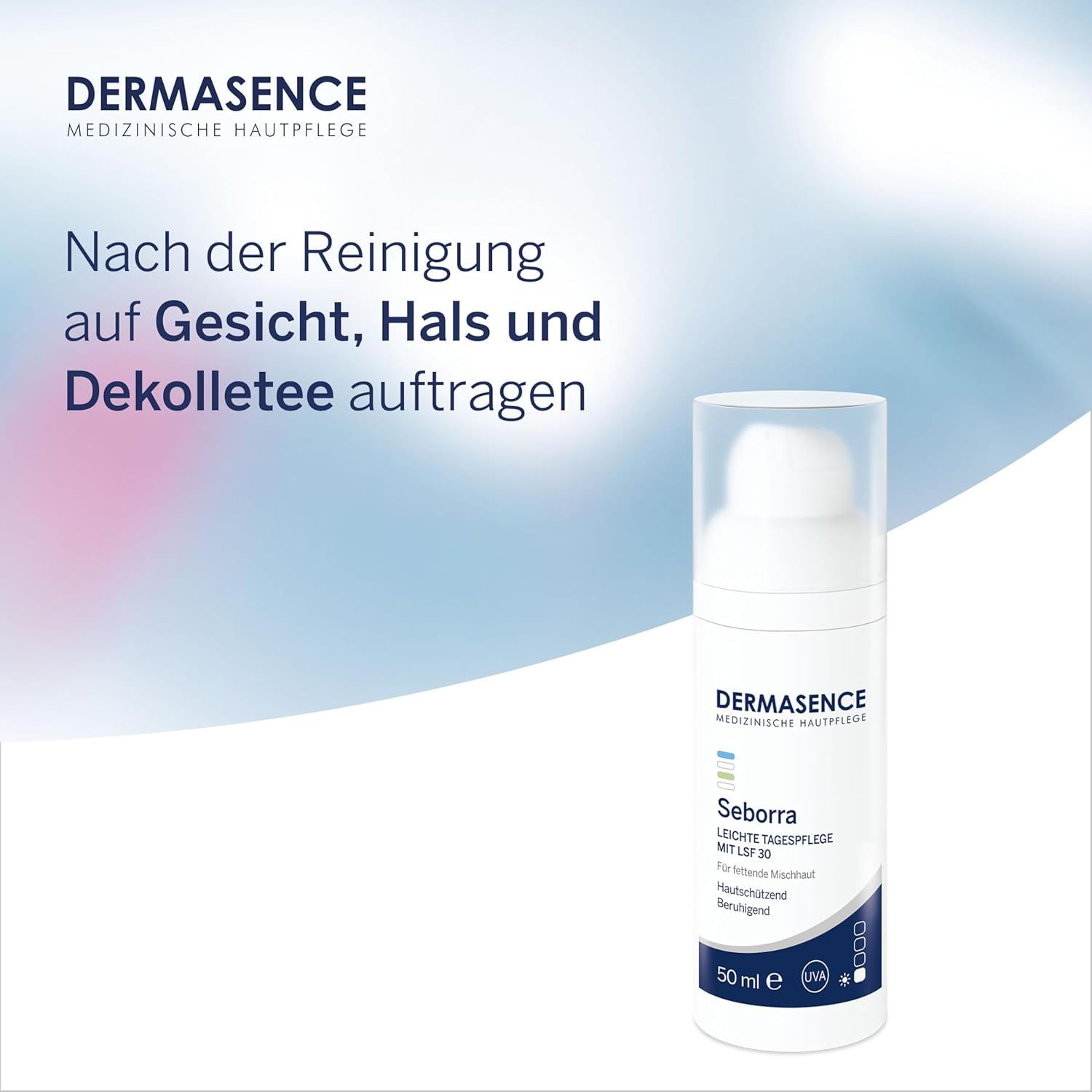 Flasche DERMASENCE Seborra Leichte Tagespflege. Text: Nach der Reinigung auf Gesicht, Hals und Dekolleté auftragen. Mit LSF 30.