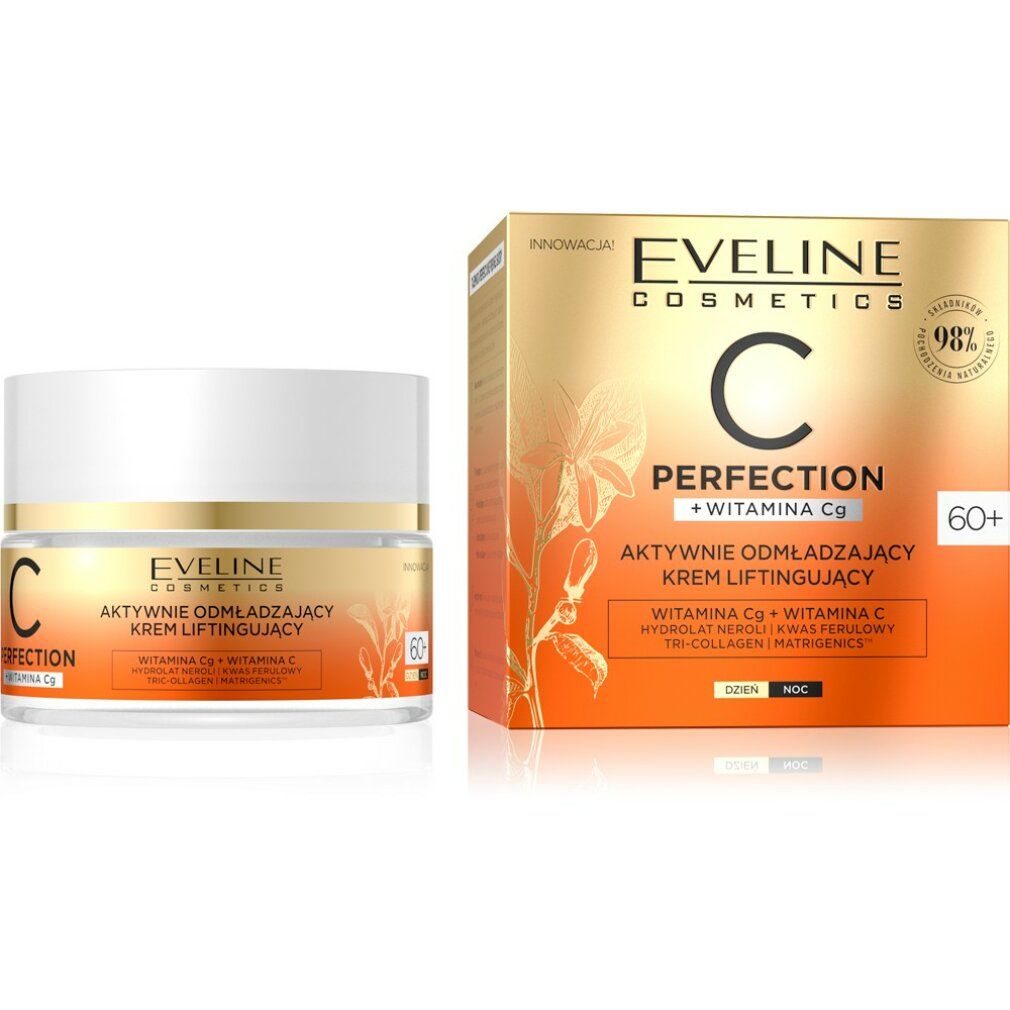 Creme-Tiegel und Verpackung. Aufschrift: Eveline Cosmetics C Perfection, 60+. Enthält Vitamin C. Orangefarbene Verpackung.