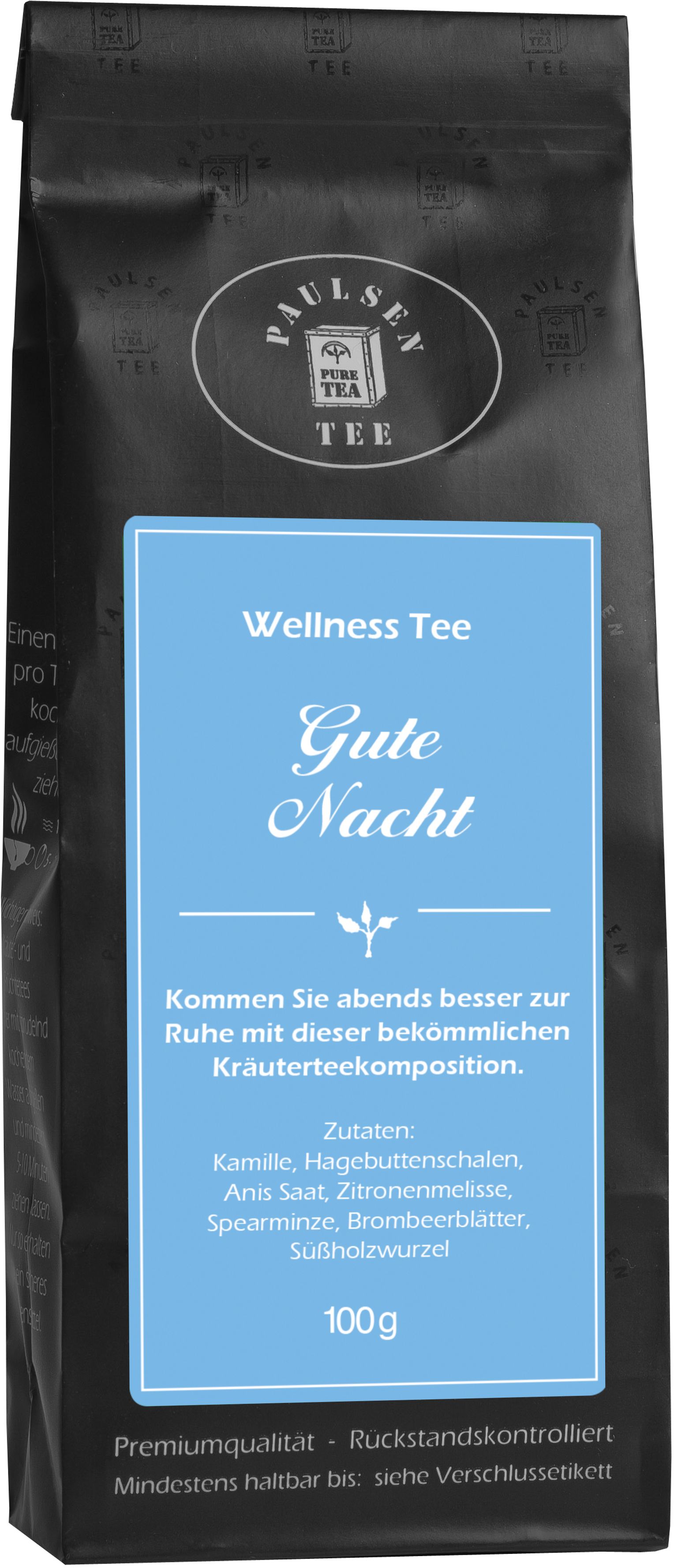 Schwarzer Beutel mit blauem Etikett. Aufschrift: Paulsen Tee, Gute Nacht Kräutertee, 100g. Zutatenliste.