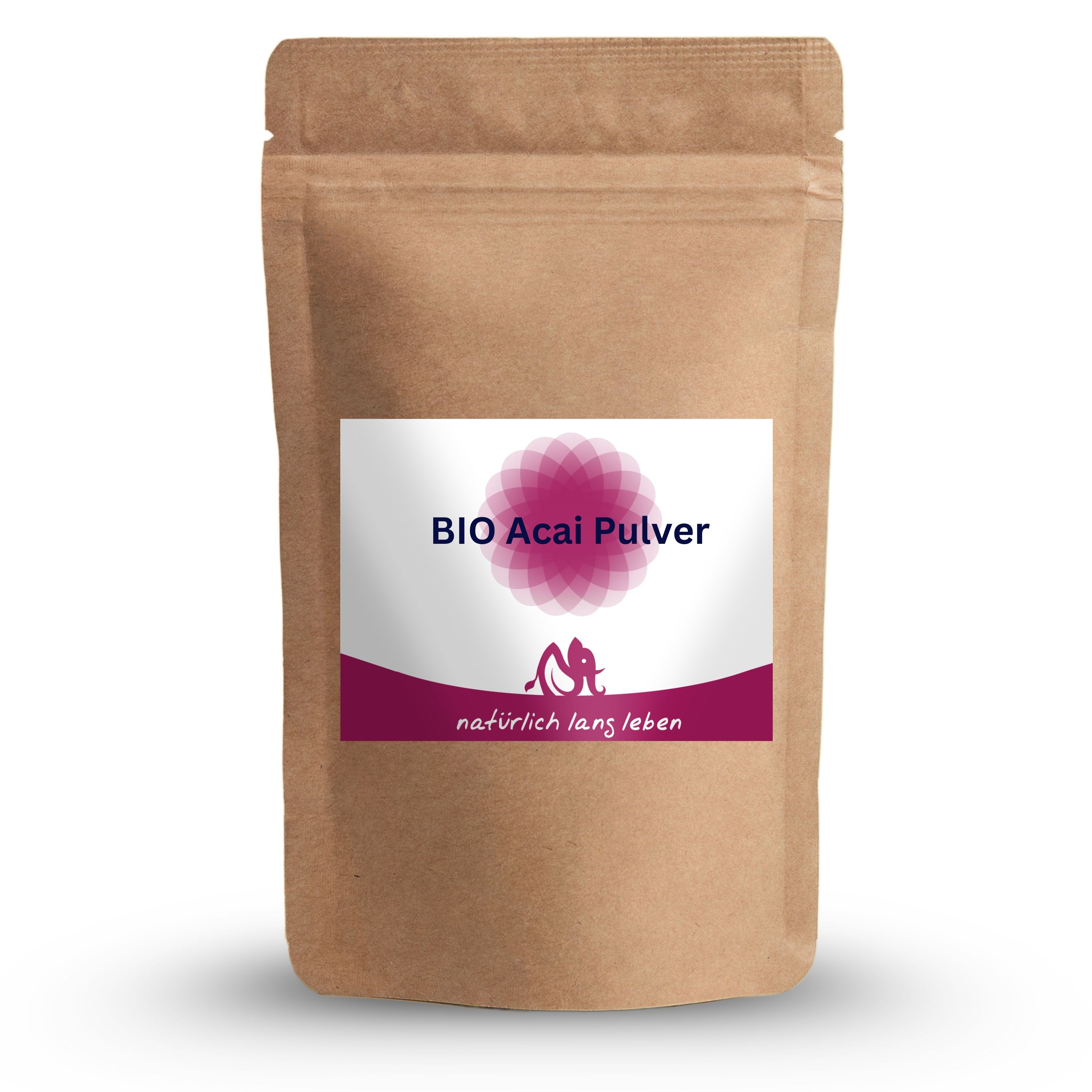 Beutel mit BIO Acai Pulver. Aufkleber mit Produktname und Logo. Braune Papierverpackung.