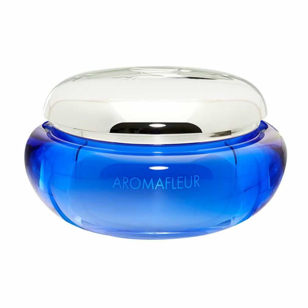 Blaues Creme-Glas mit silbernem Deckel. Aufschrift AROMAFLEUR. Rundes Gefäß.