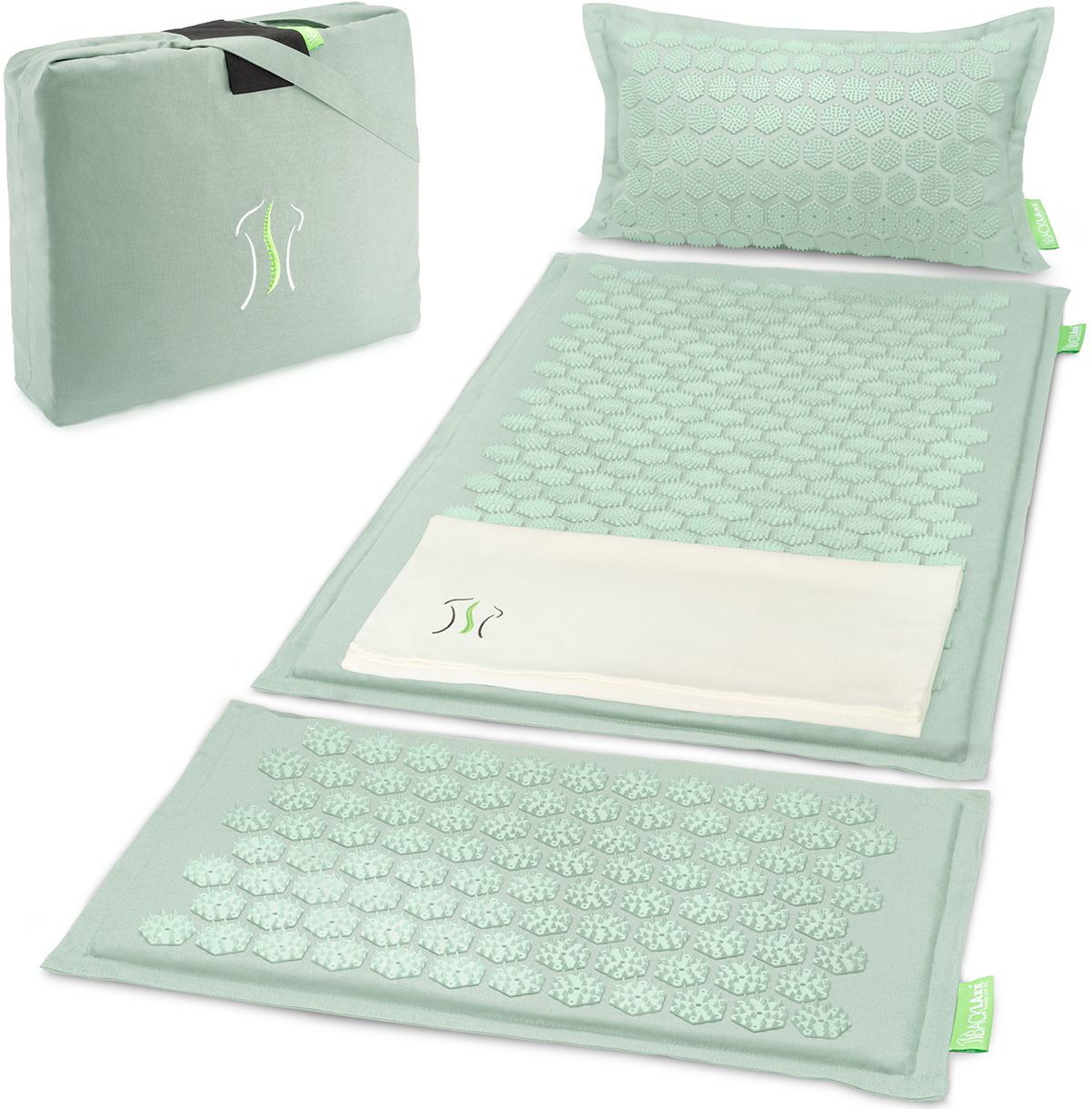 Akupressurmatten-Set mit Matte, Kissen und Fußmatte. Hellgrün. Mit Tragetasche. Logo auf Matte und Tasche.