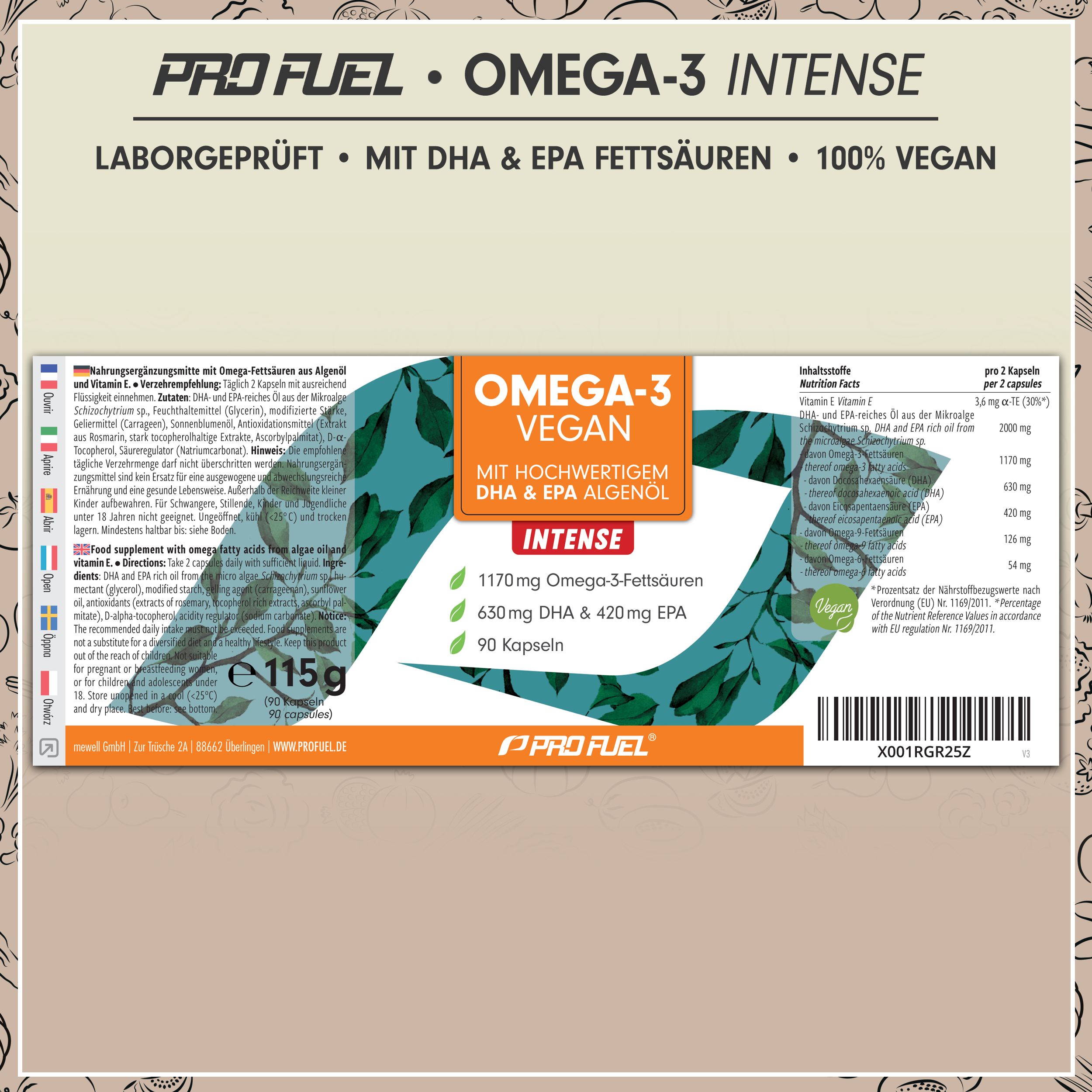 Verpackung ProFuel Omega-3 Intense. 115g, 90 Kapseln. Laborgeprüft, 100% vegan, mit DHA & EPA.